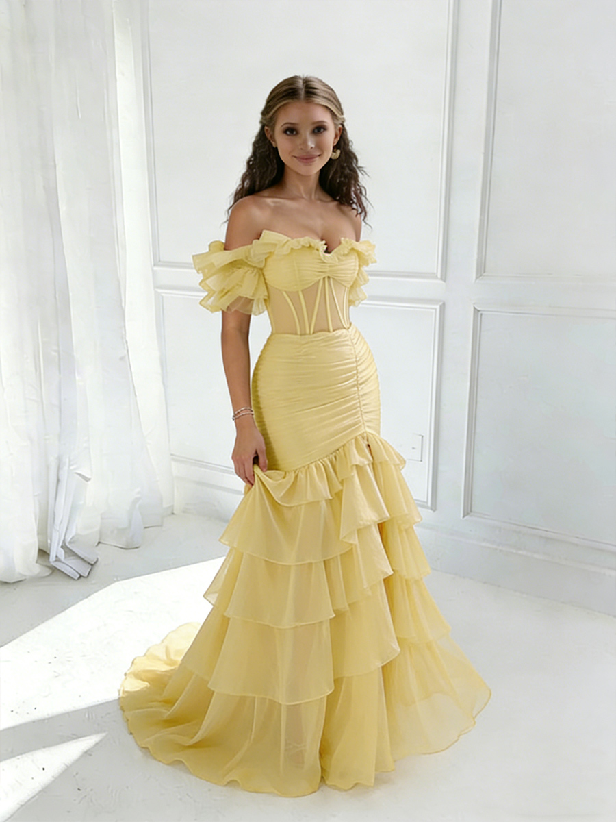 Off Shoulder Tulle Mermaid Tiered Prom Dresses