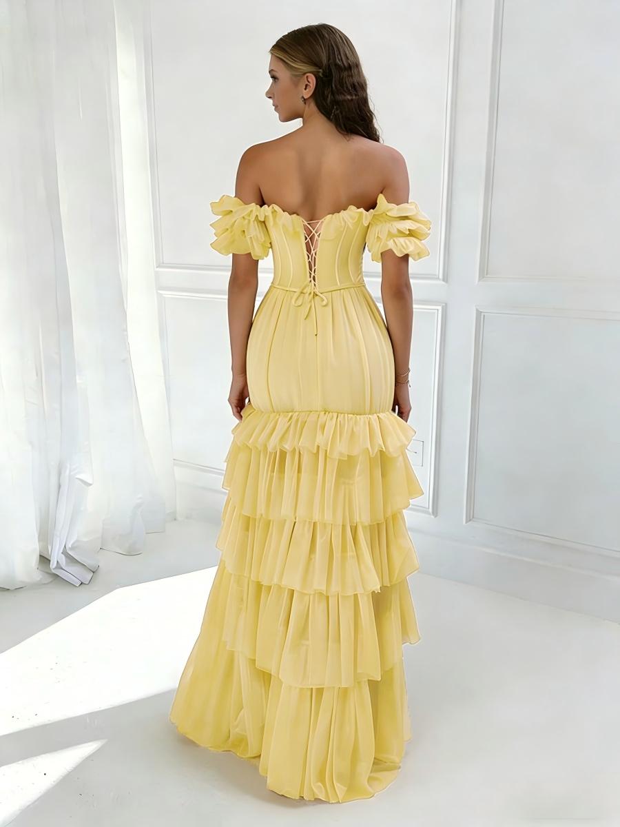 Off Shoulder Tulle Mermaid Tiered Prom Dresses