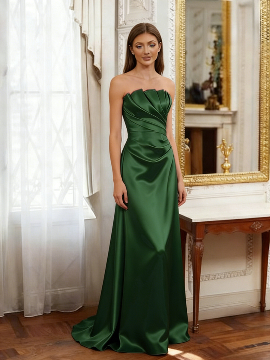 Strapless Satin A Line Pleated Prom Dresses