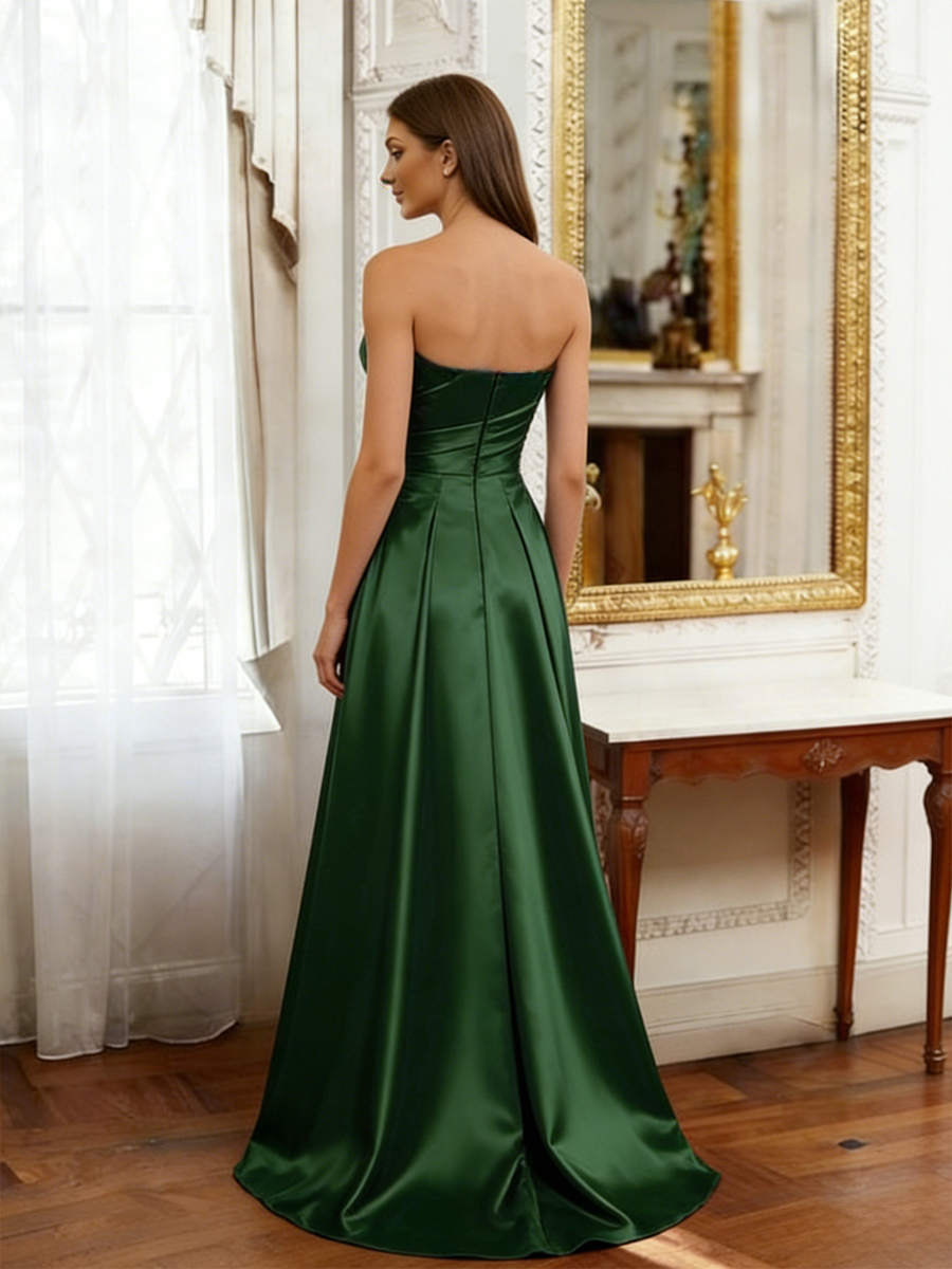 Strapless Satin A Line Pleated Prom Dresses