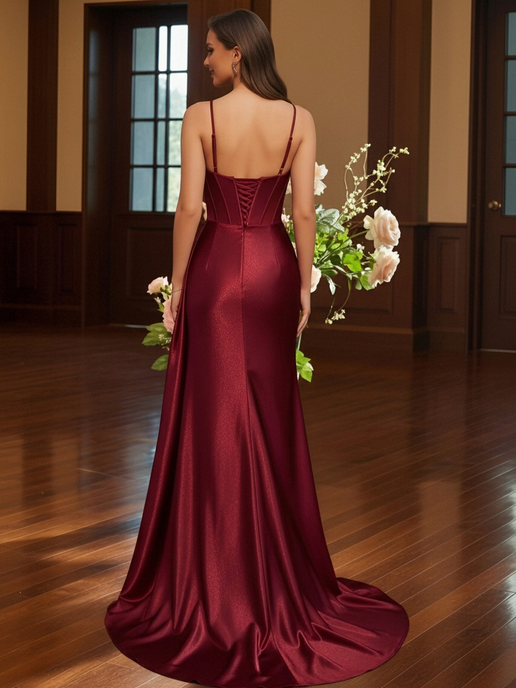 Spaghetti Straps Satin Beadings Prom Dresses with Slit