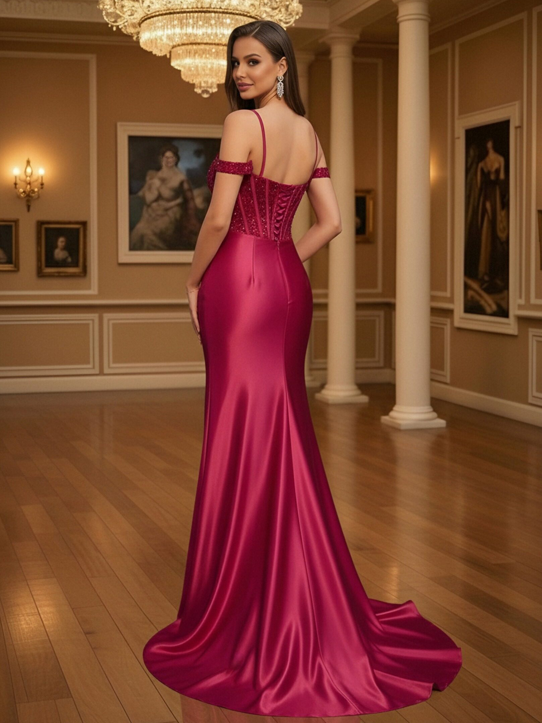 Off Shoulder Satin Sequin Prom Dresses with Slit