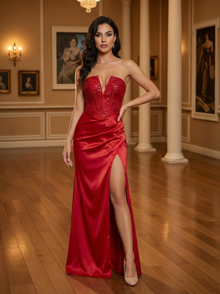 Strapless Satin Sequin Prom Dresses with Slit