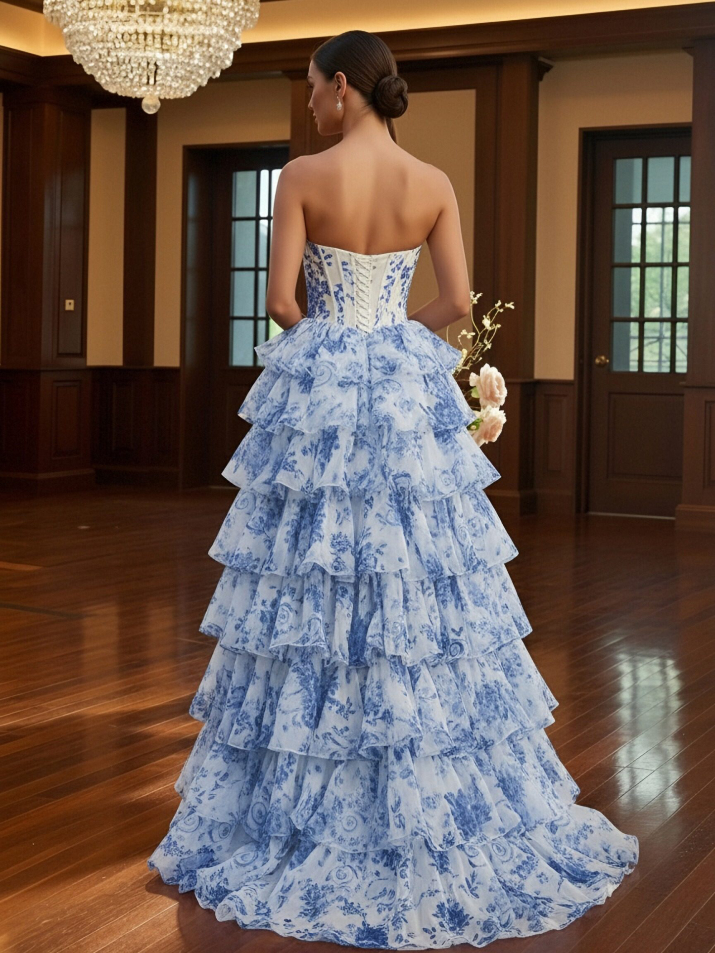 Strapless Chiffon Floral Tiered Prom Dresses with Slit