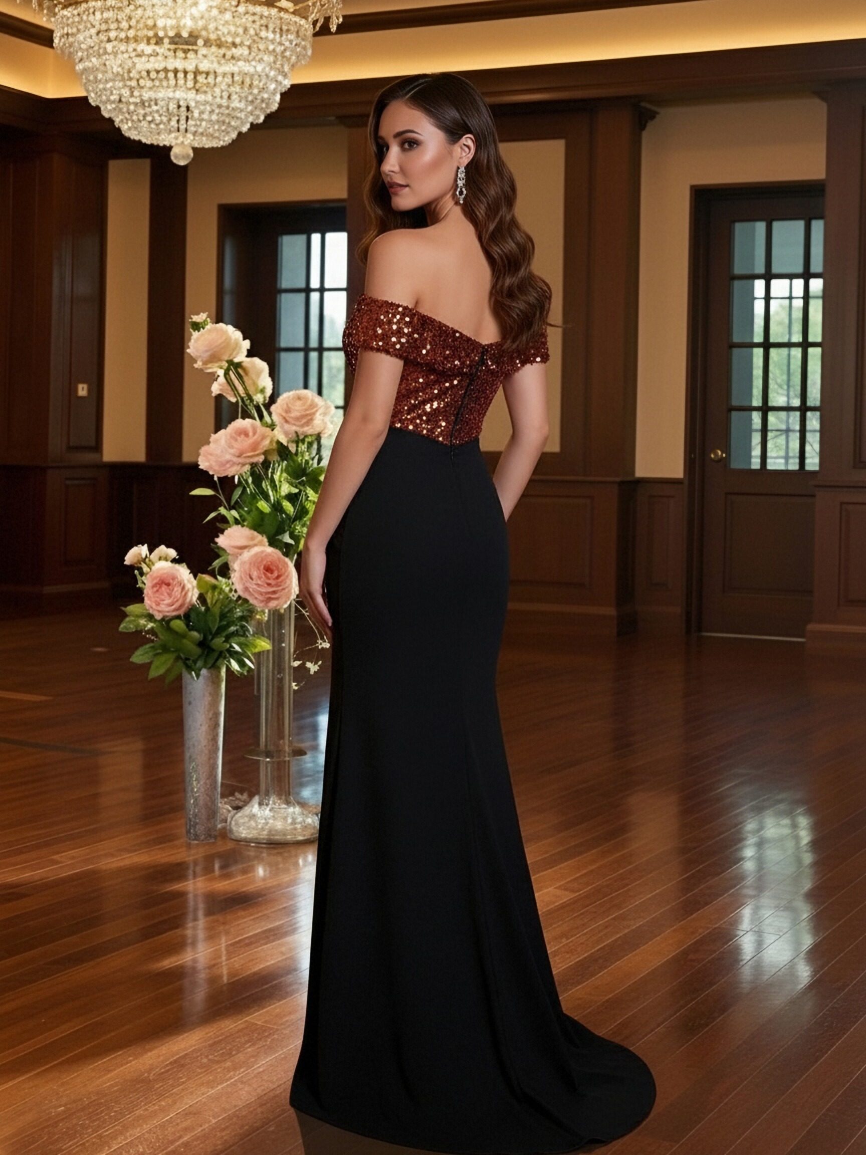 Off Shoulder Satin Sequin Prom Dresses with Slit