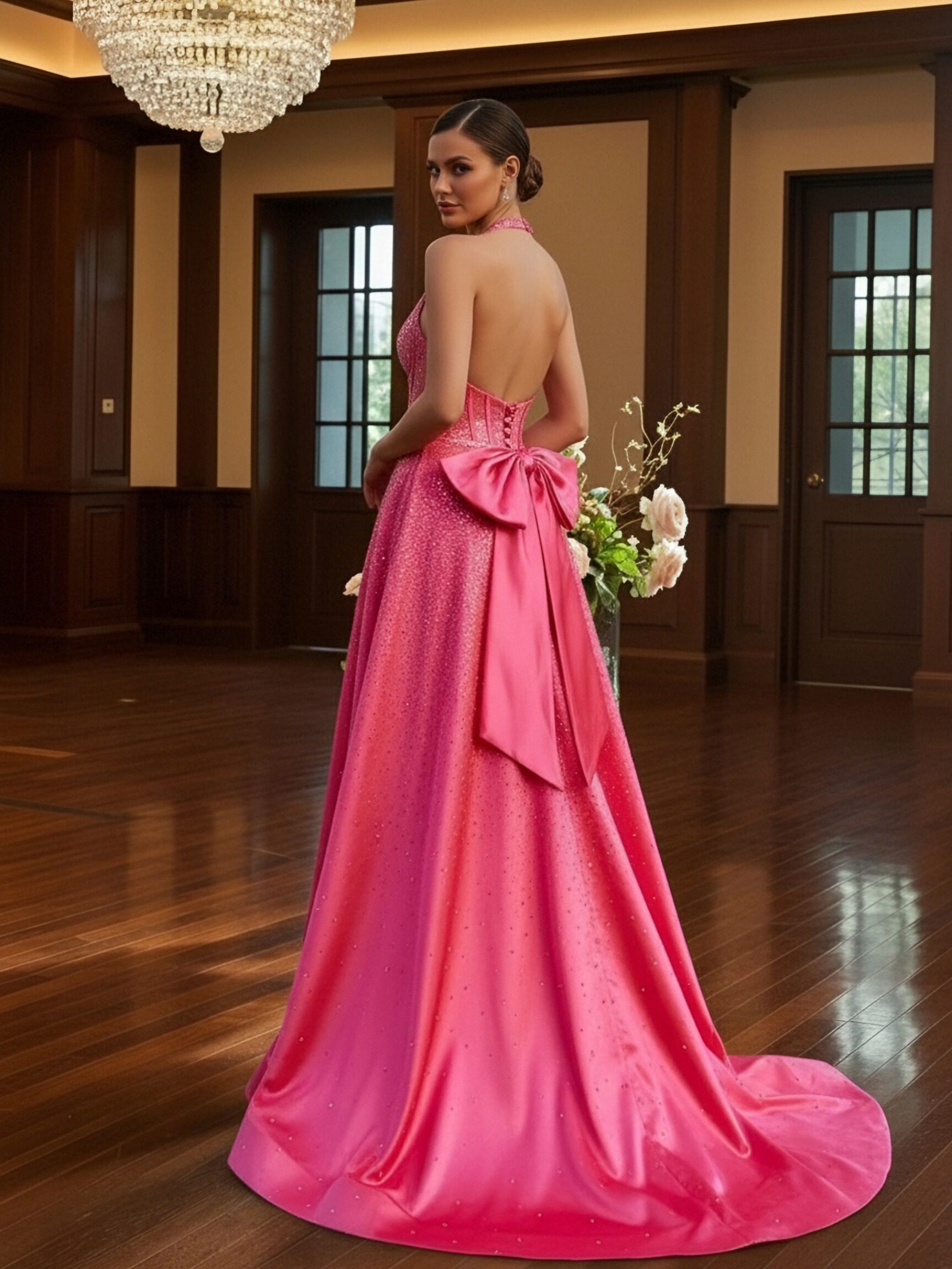 Halter Glitter Sequin Bow Prom Dresses with Slit