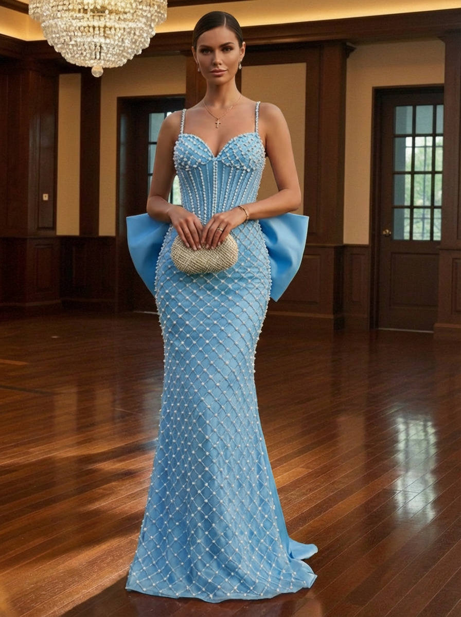 Spaghetti Straps Satin Pearl Prom Dresses with Bow