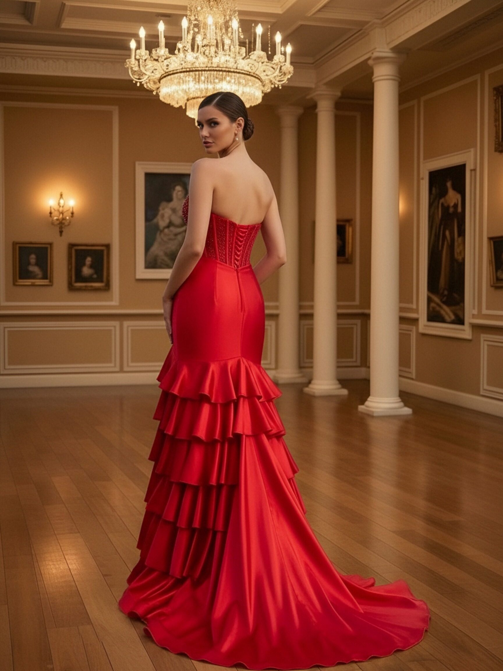 Strapless Satin Sequin Tiered Prom Dresses with Slit