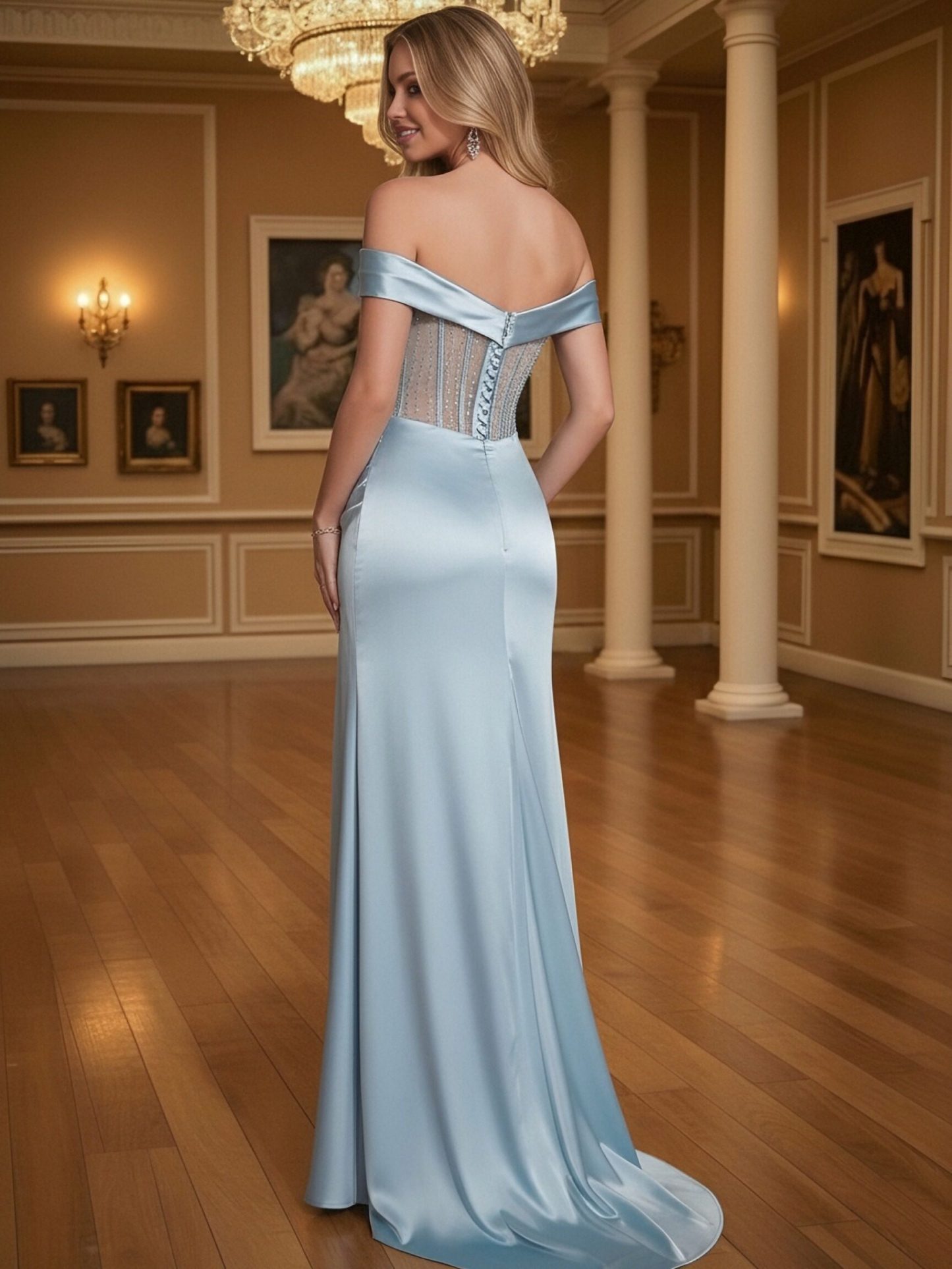 Off Shoulder Satin Pleated Prom Dresses with Slit