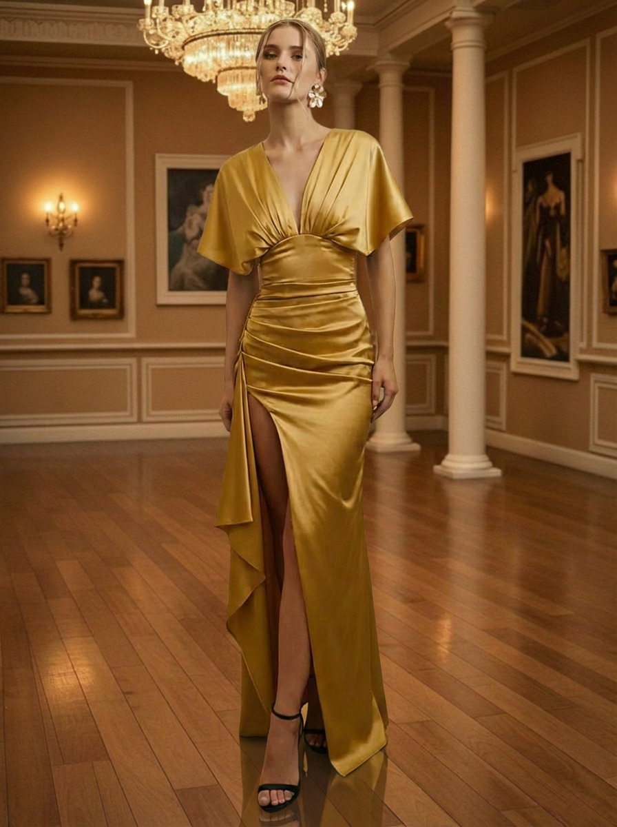 V Neck Satin Ruffles Prom Dresses with Slit