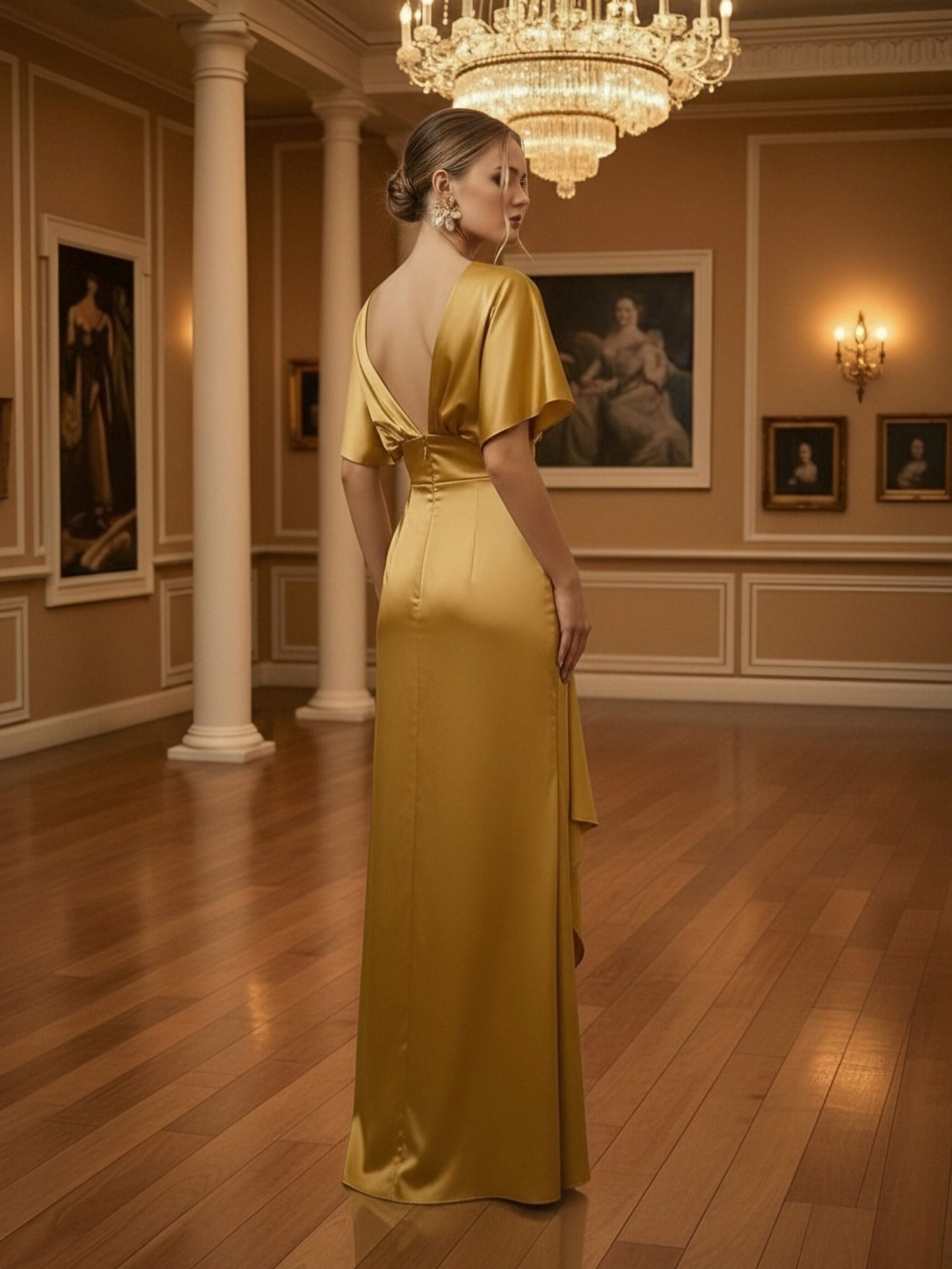 V Neck Satin Ruffles Prom Dresses with Slit