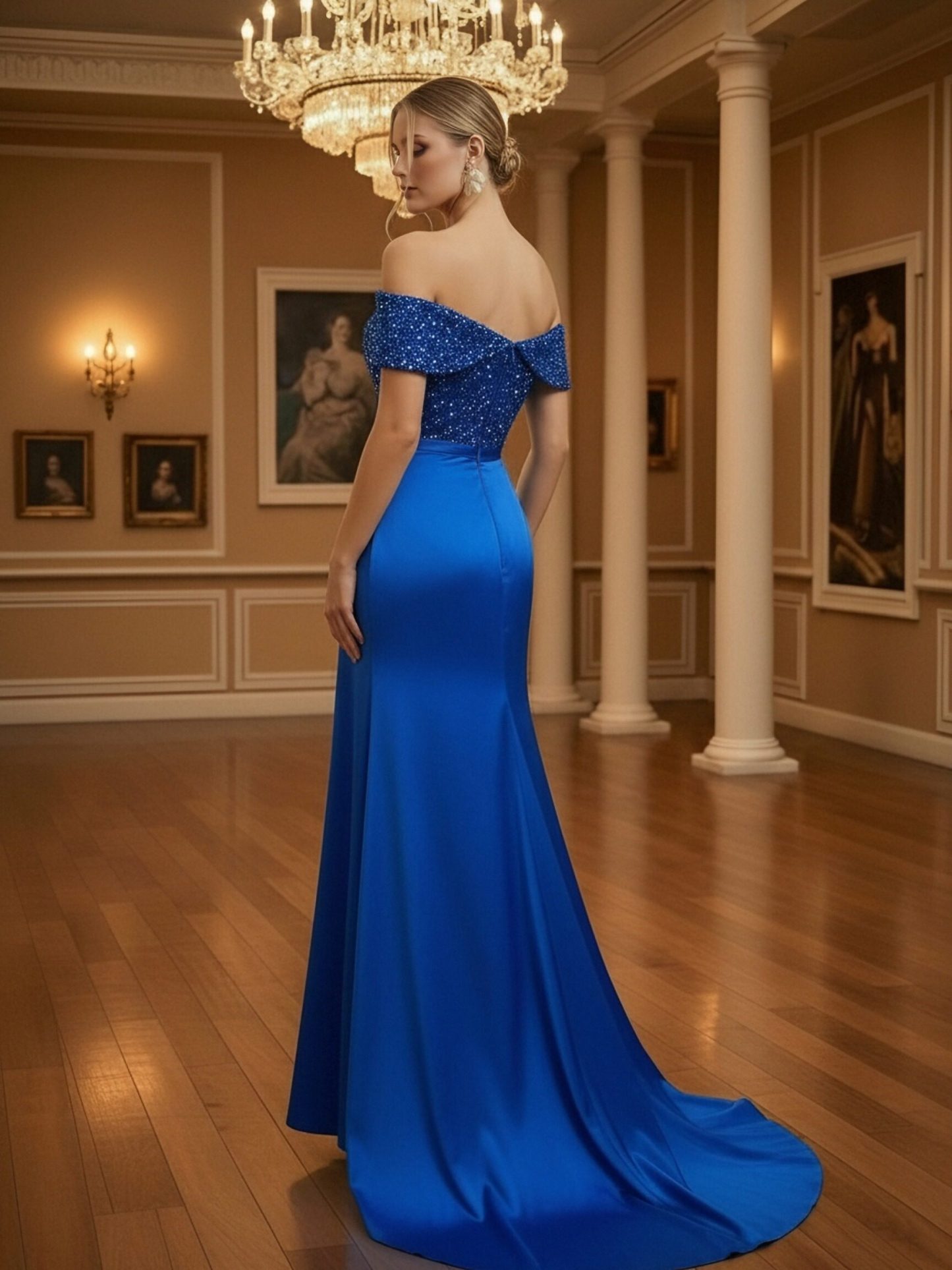 Off Shoulder Satin Sequin Prom Dresses with Slit