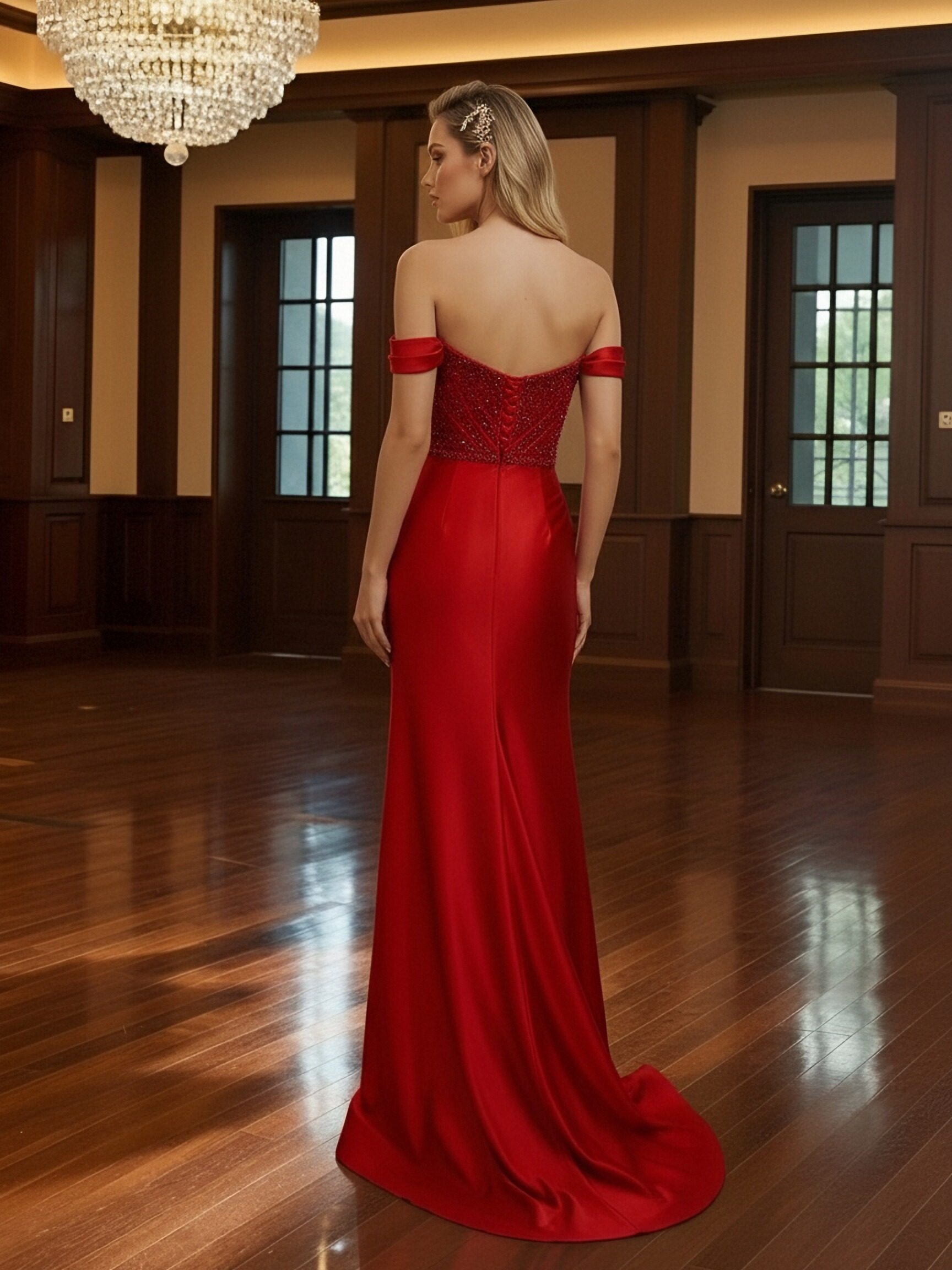 Off Shoulder Satin Sequin Prom Dresses with Slit