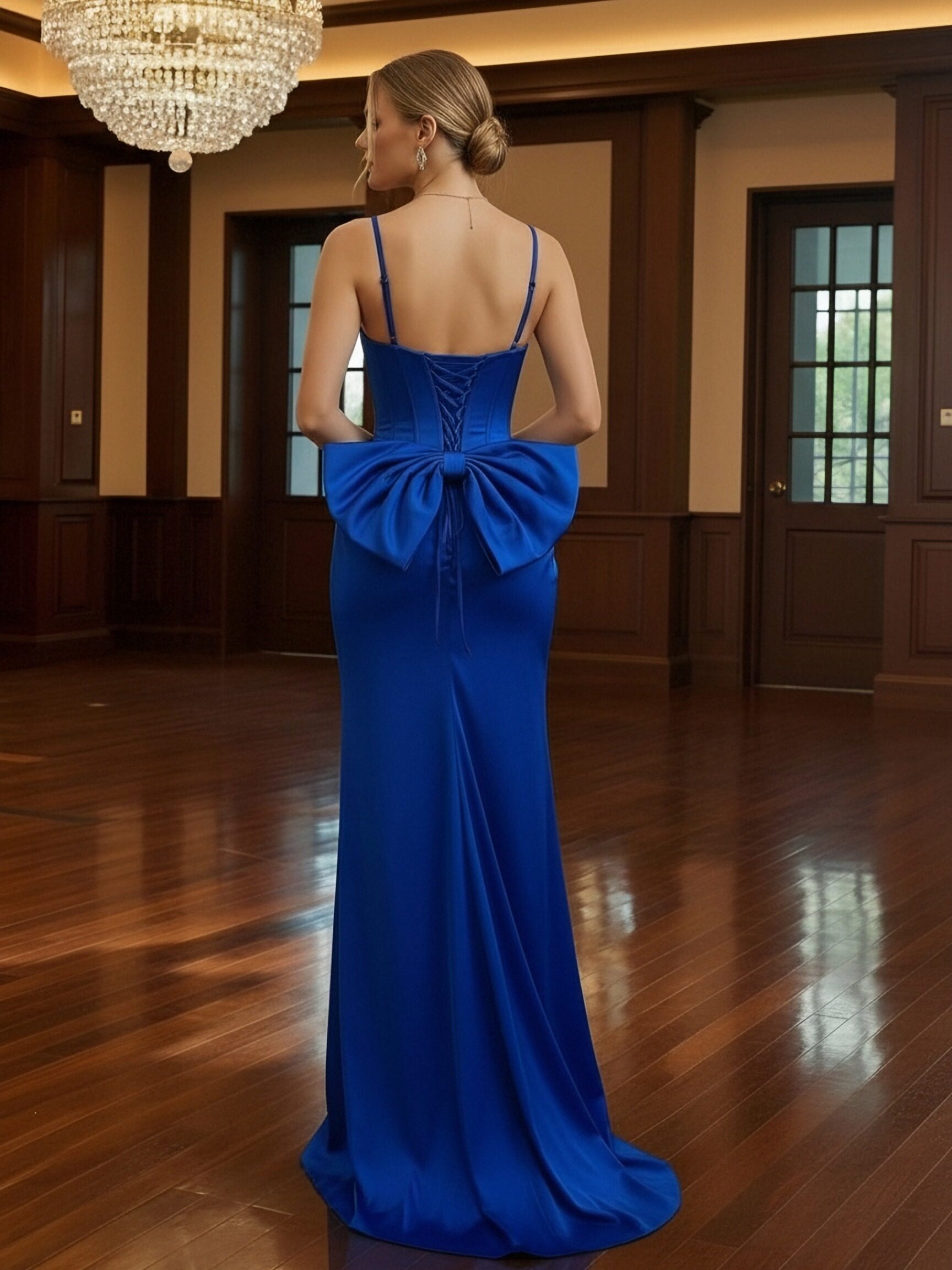 Spaghetti Straps Satin Prom Dresses with Slit