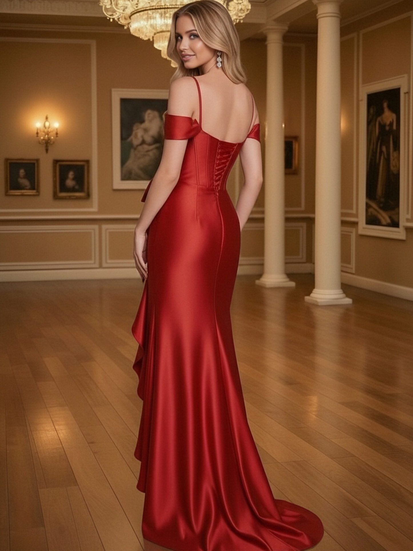 Off Shoulder Satin Ruffles Prom Dresses with Slit