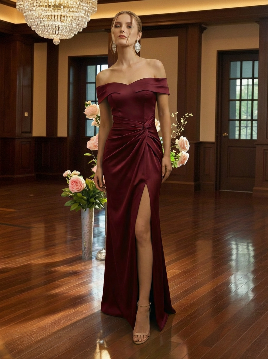 Off Shoulder Satin Prom Dresses with Slit
