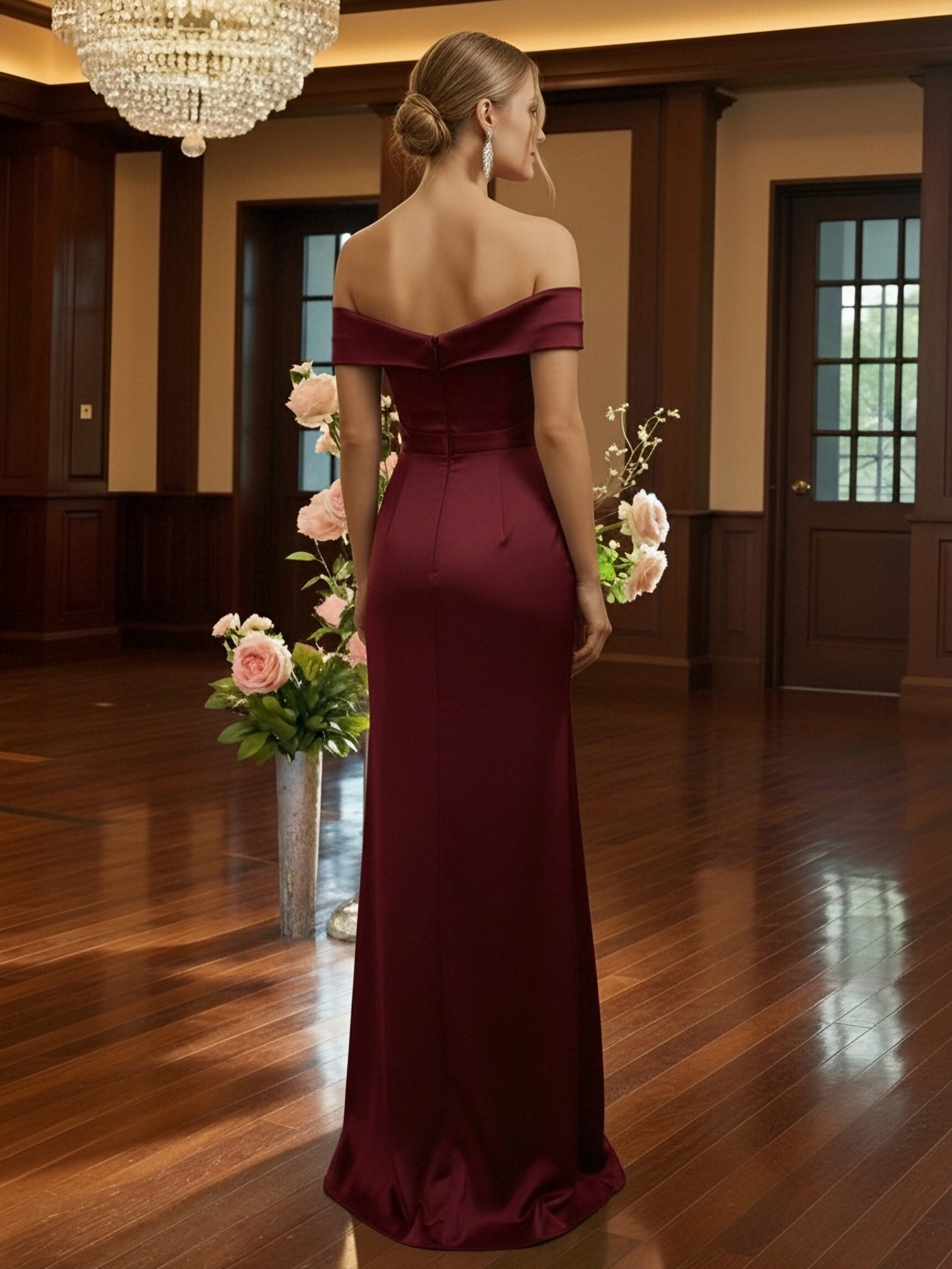 Off Shoulder Satin Prom Dresses with Slit