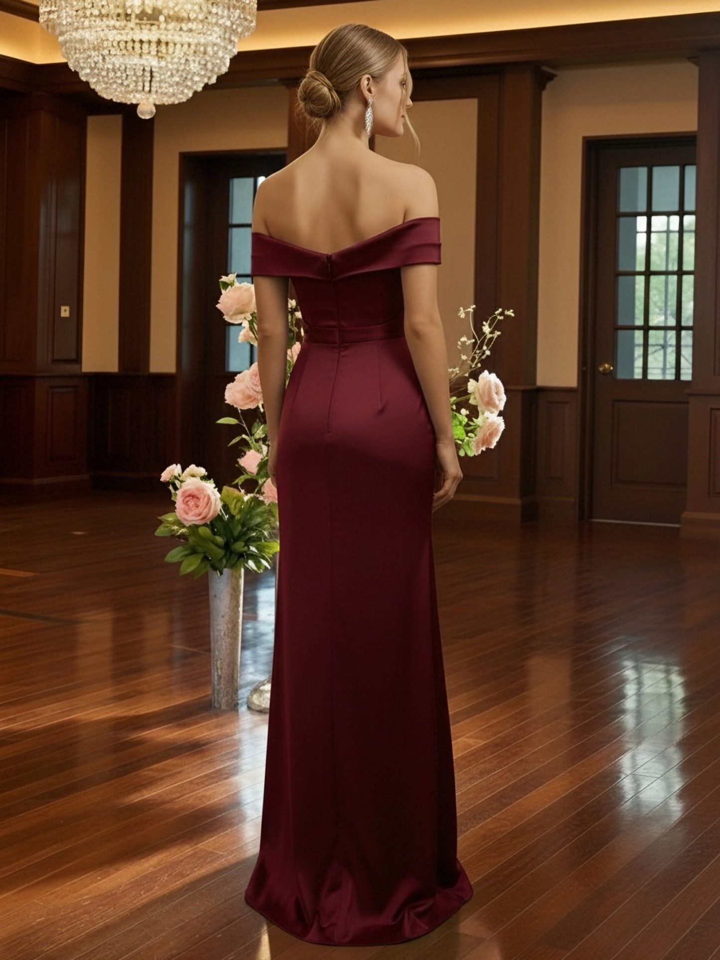 Off Shoulder Satin Prom Dresses with Slit