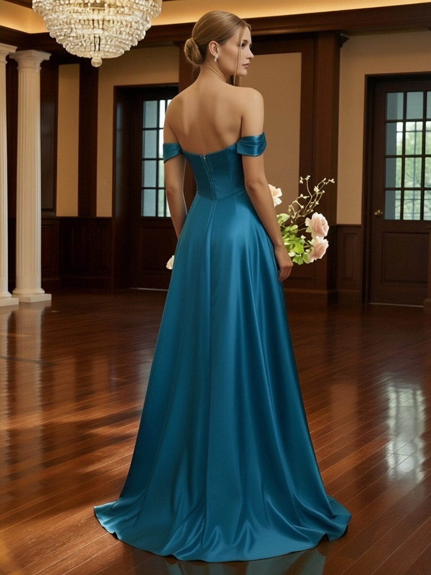Off Shoulder Satin Prom Dresses with Slit