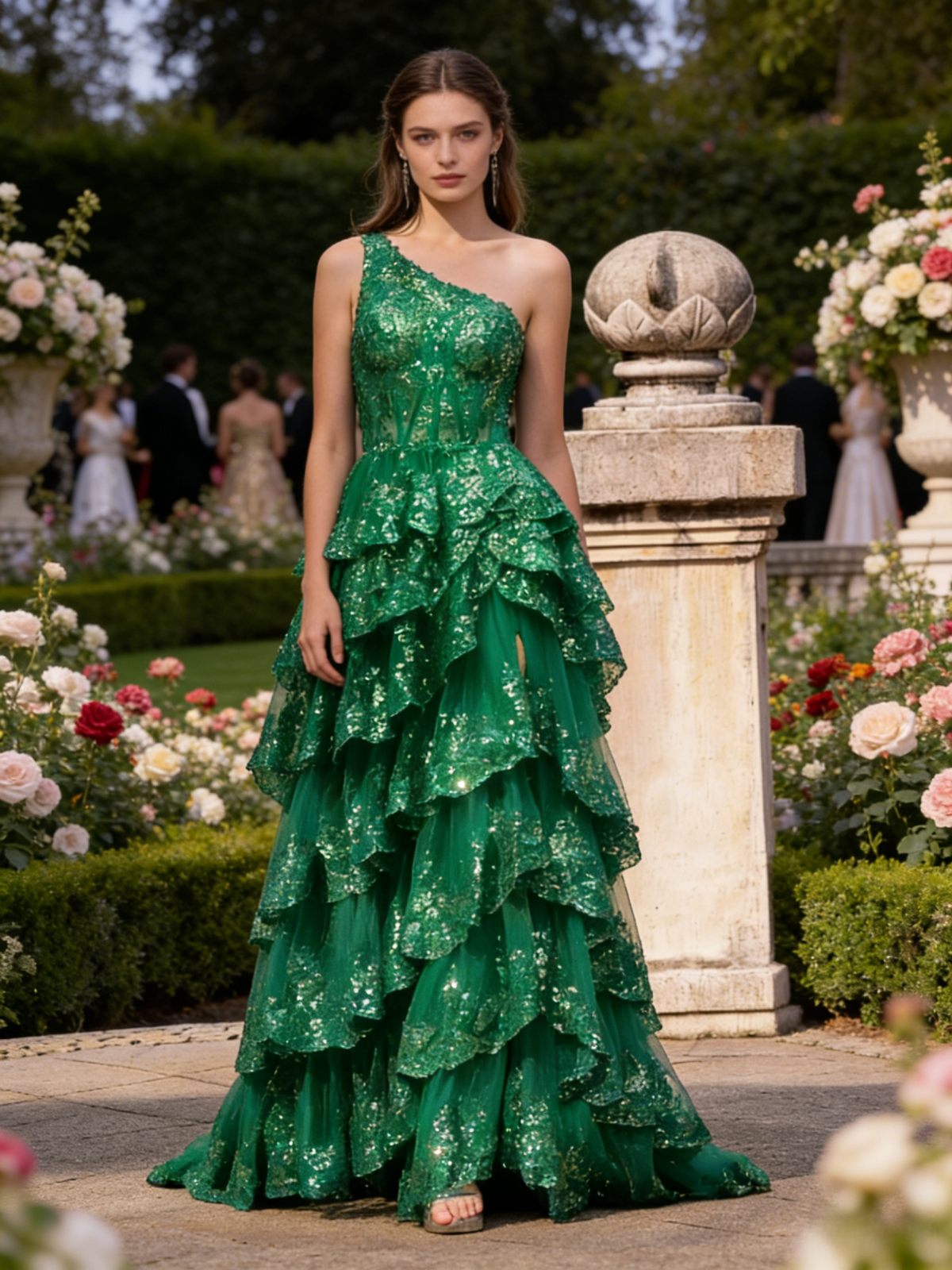 Tulle One Shoulder Lace A Line Corset Tiered Prom Dresses with Slit