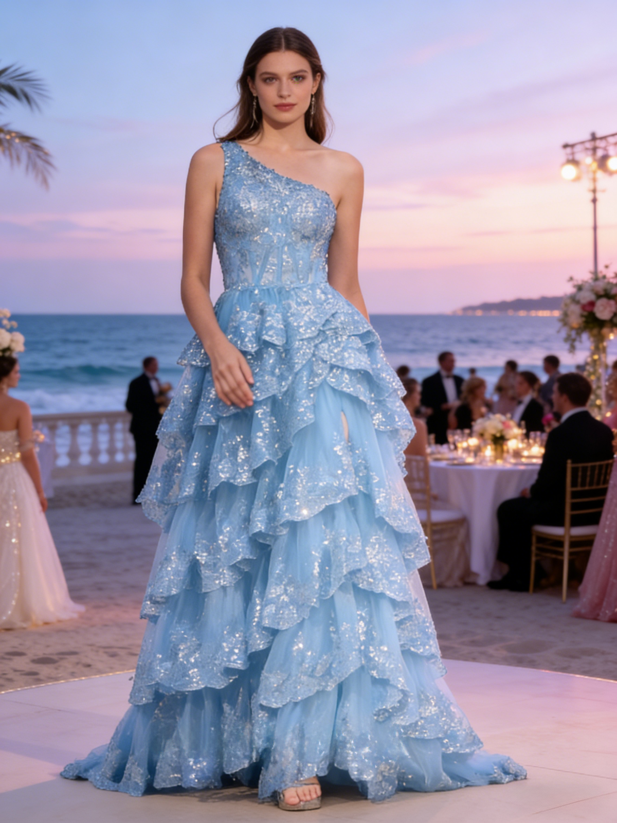 Tulle One Shoulder Lace A Line Corset Tiered Prom Dresses with Slit