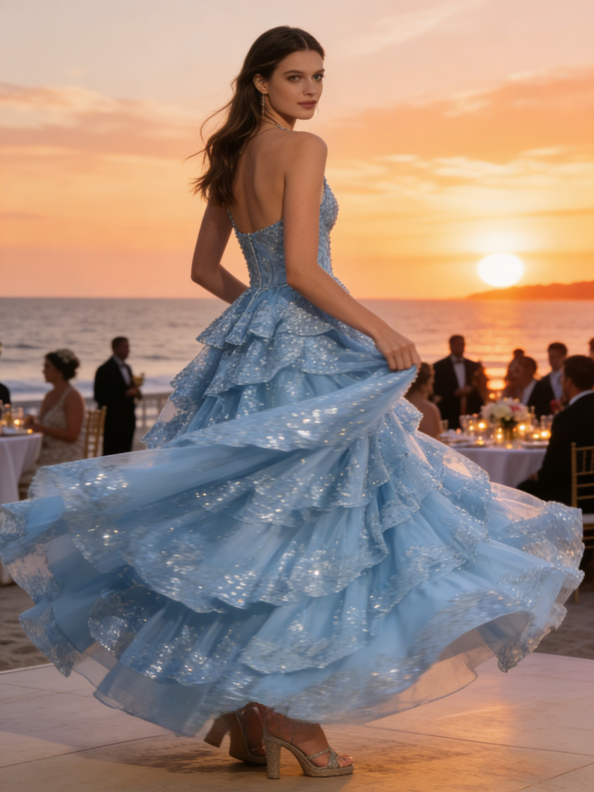 Tulle One Shoulder Lace A Line Corset Tiered Prom Dresses with Slit