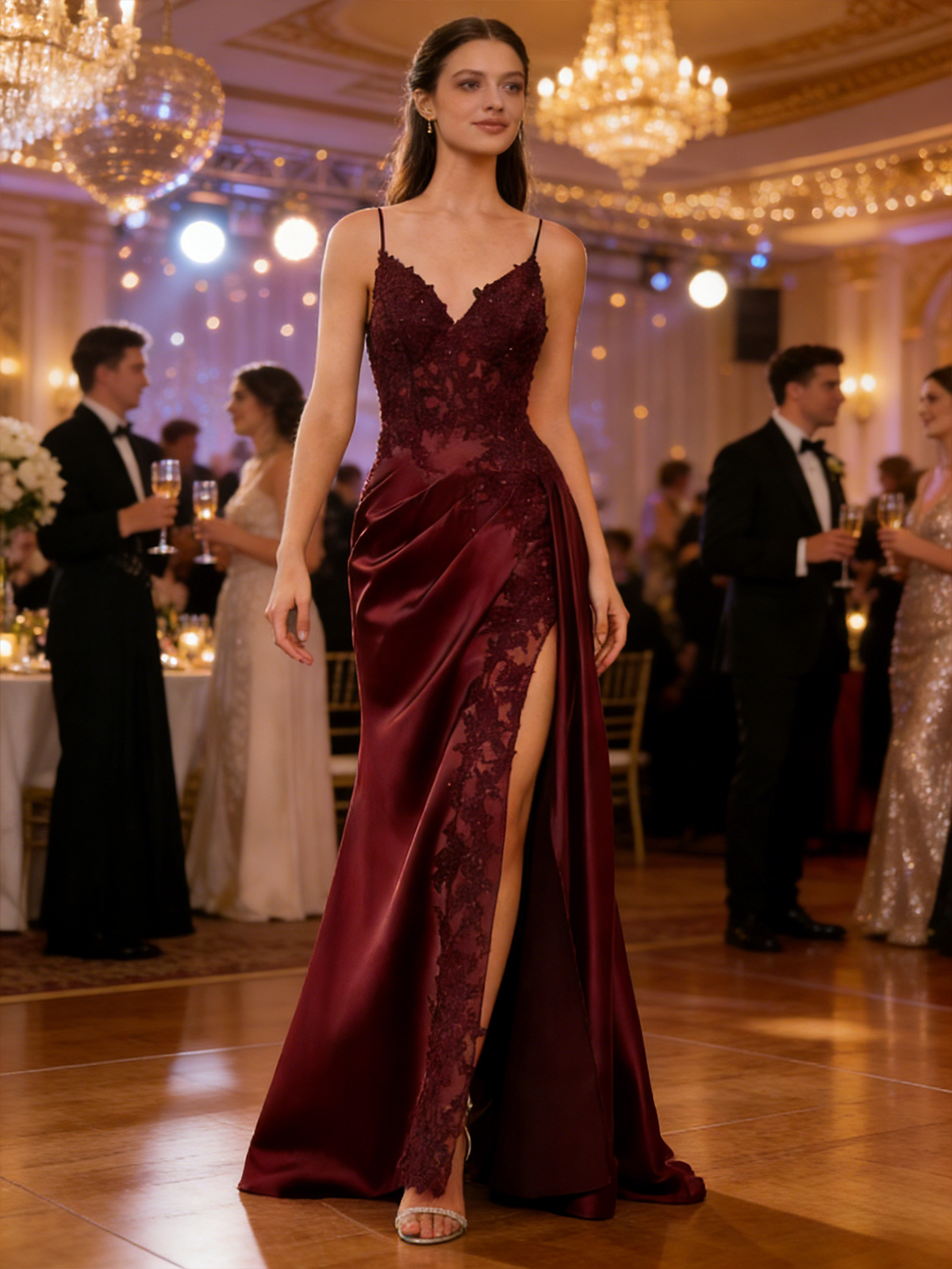 Lace Appliques Satin Beading V Neck Prom Dress