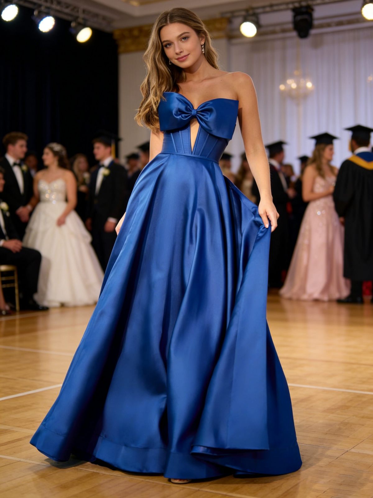 A Line Satin Bow Strapless Maxi Sleeveless Prom Dress