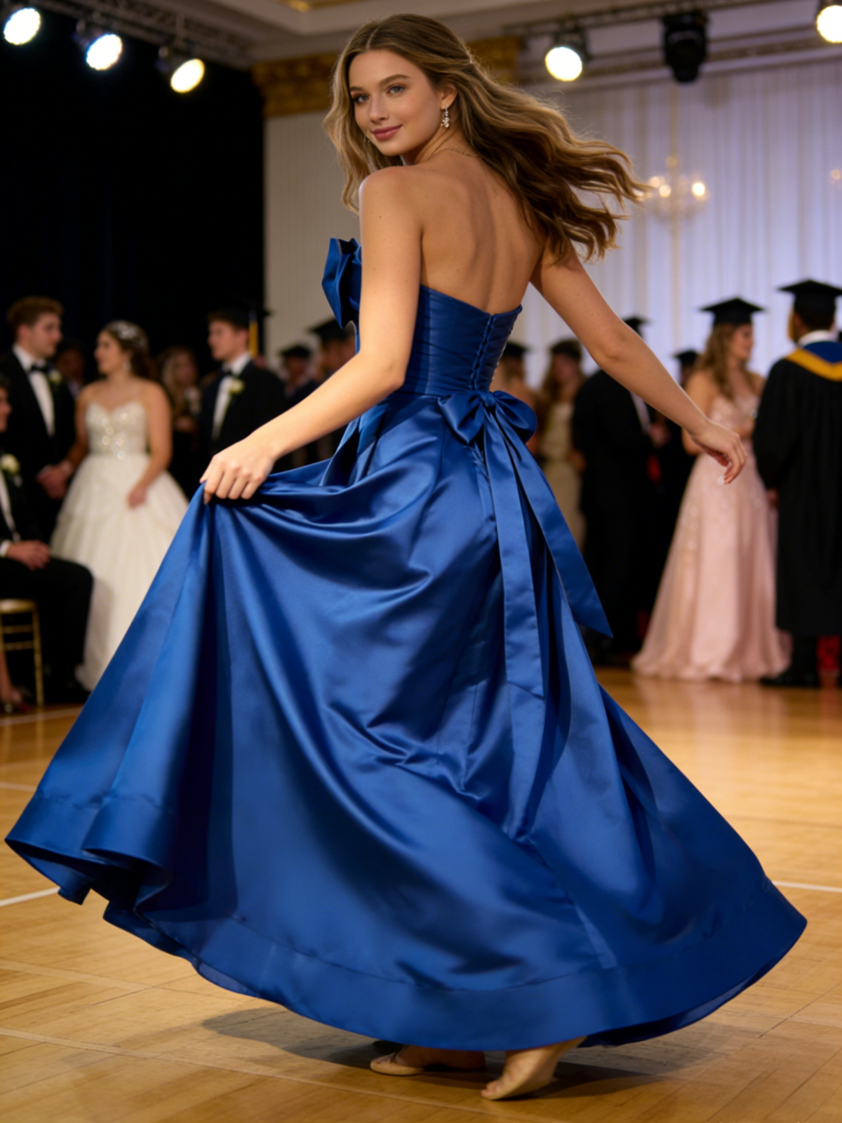 A Line Satin Bow Strapless Maxi Sleeveless Prom Dress