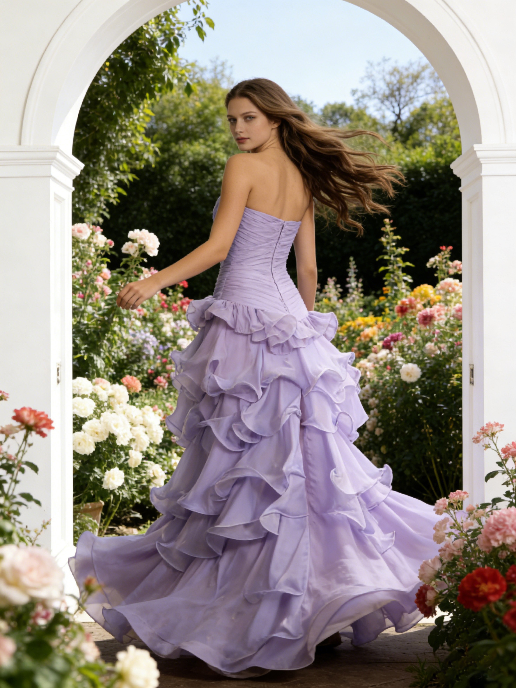 Ruffles Tiered Tulle Pleated Strapless Prom Dress with Slit
