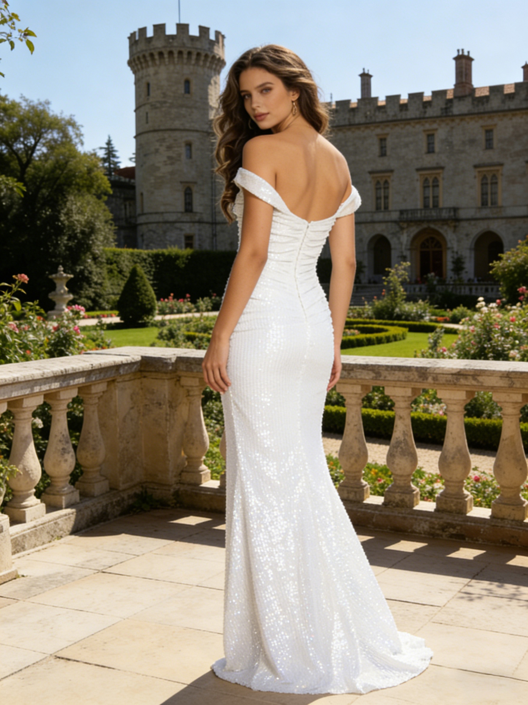 Sequin Square Neck Mermaid Ruched Long Prom Dress with Slit