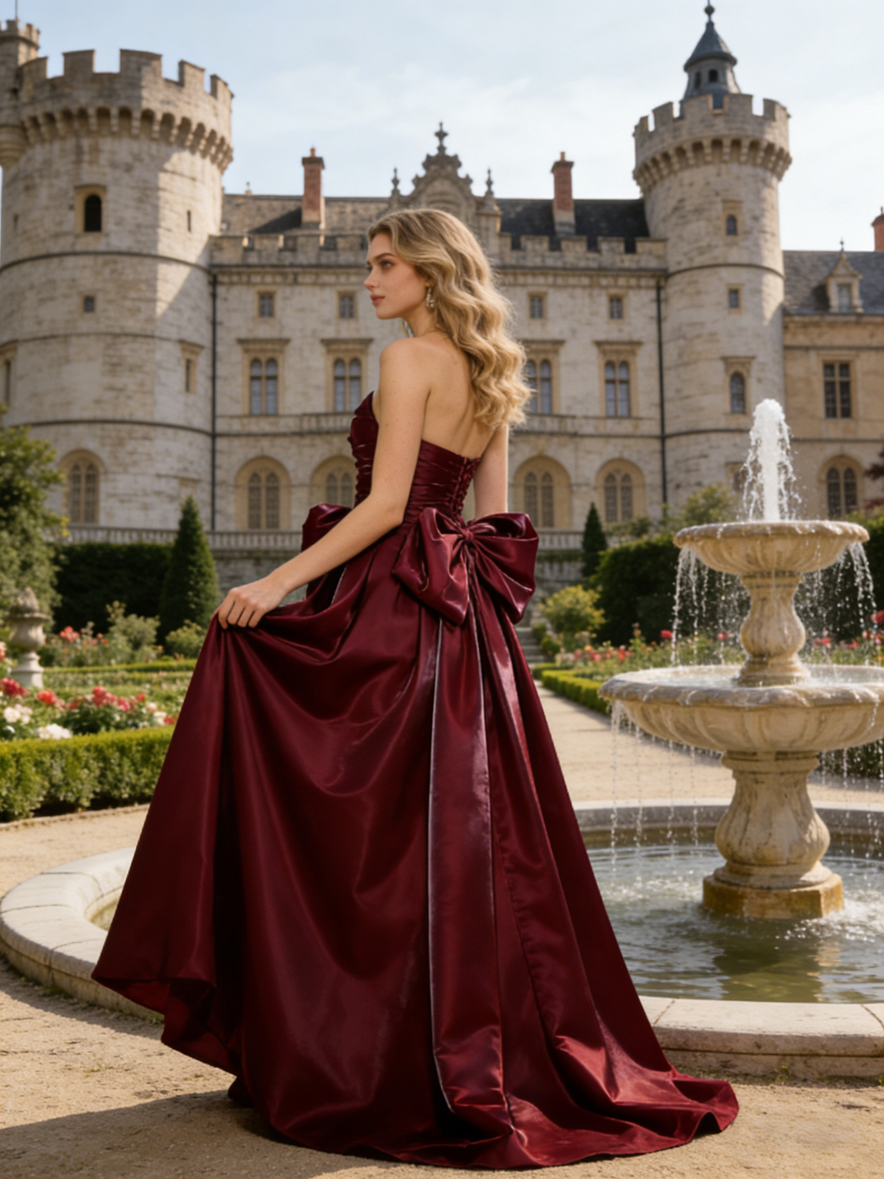 Strapless Satin Ball Gown Sleeveless Prom Dress with Bow