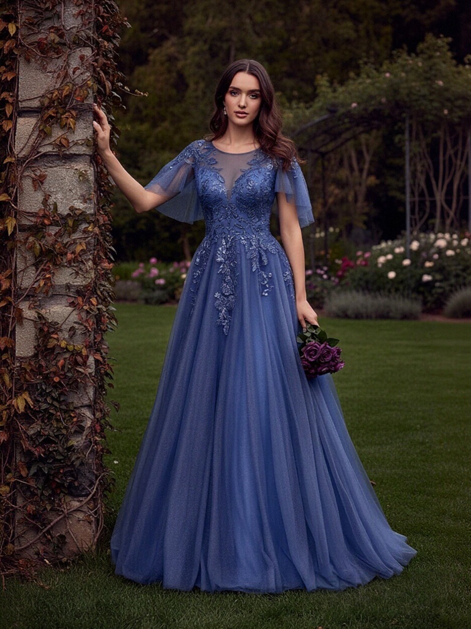 Scoop Tulle Lace Appliques Cape Long Prom Dresses