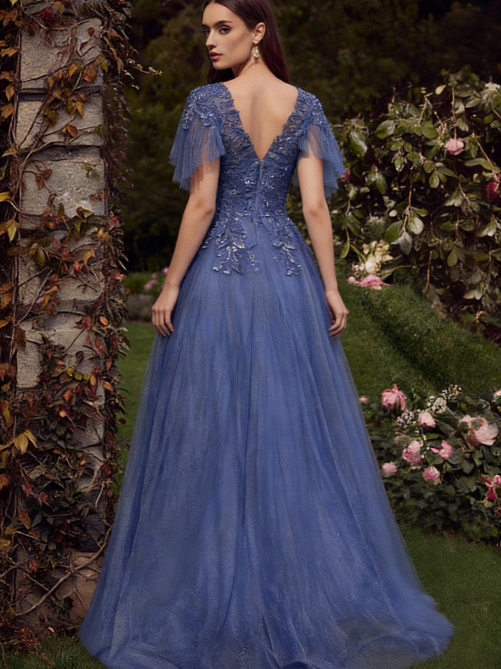 Scoop Tulle Lace Appliques Cape Long Prom Dresses