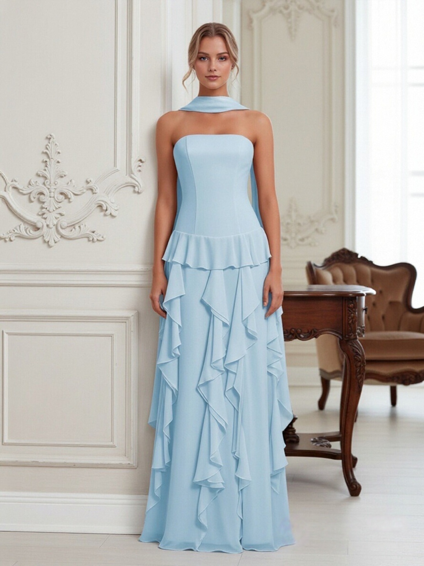 Chiffon Ruffles A Line Strapless Prom Dresses with Scarf