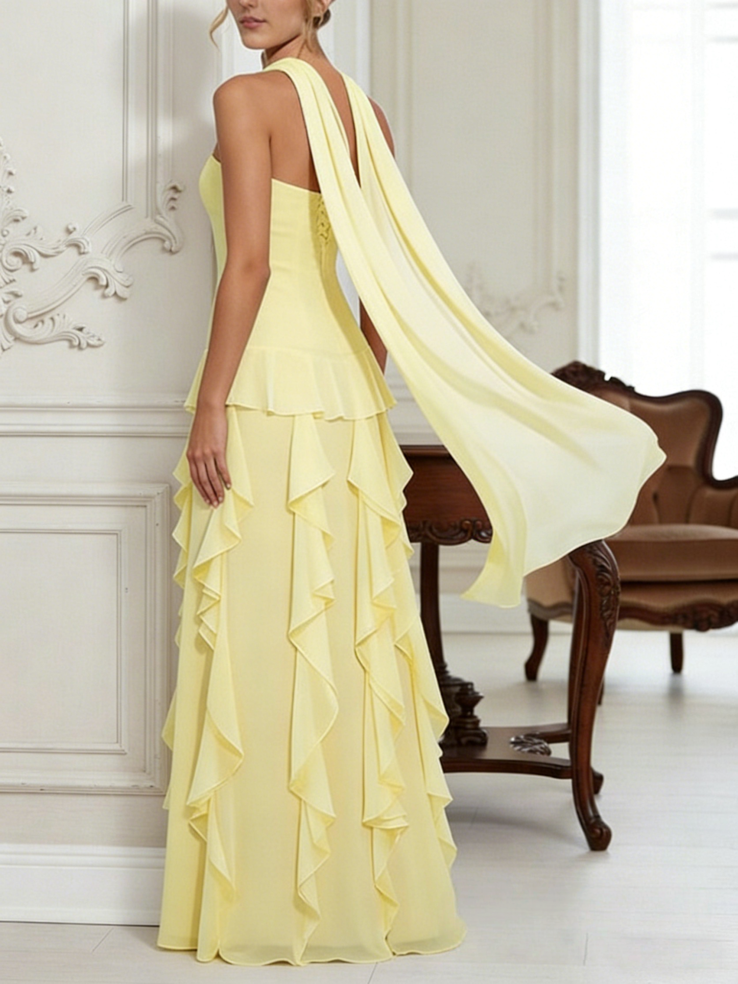 Chiffon Ruffles A Line Strapless Prom Dresses with Scarf