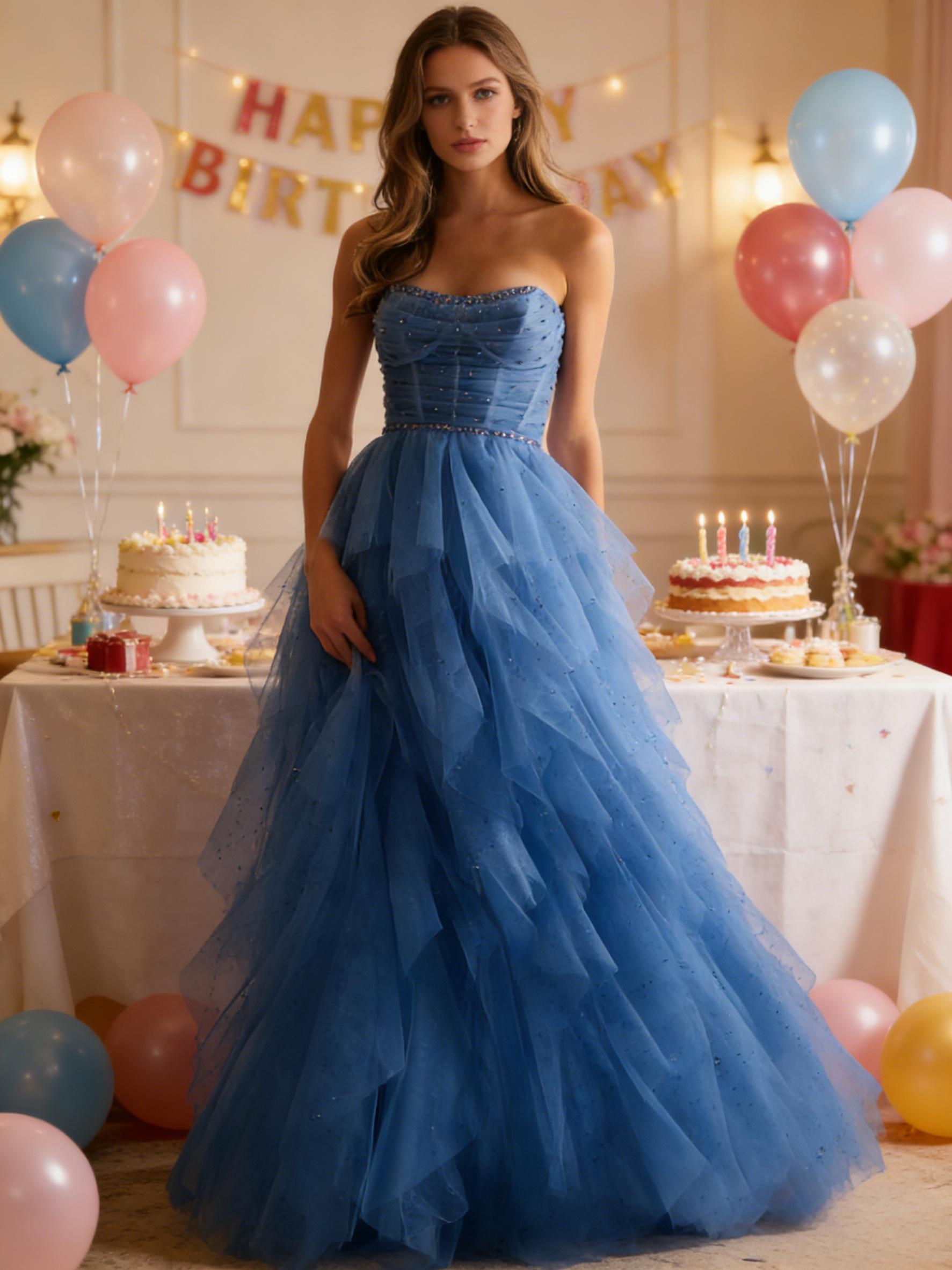 Ruffles Tiered Tulle Beading Strapless Prom Dresses