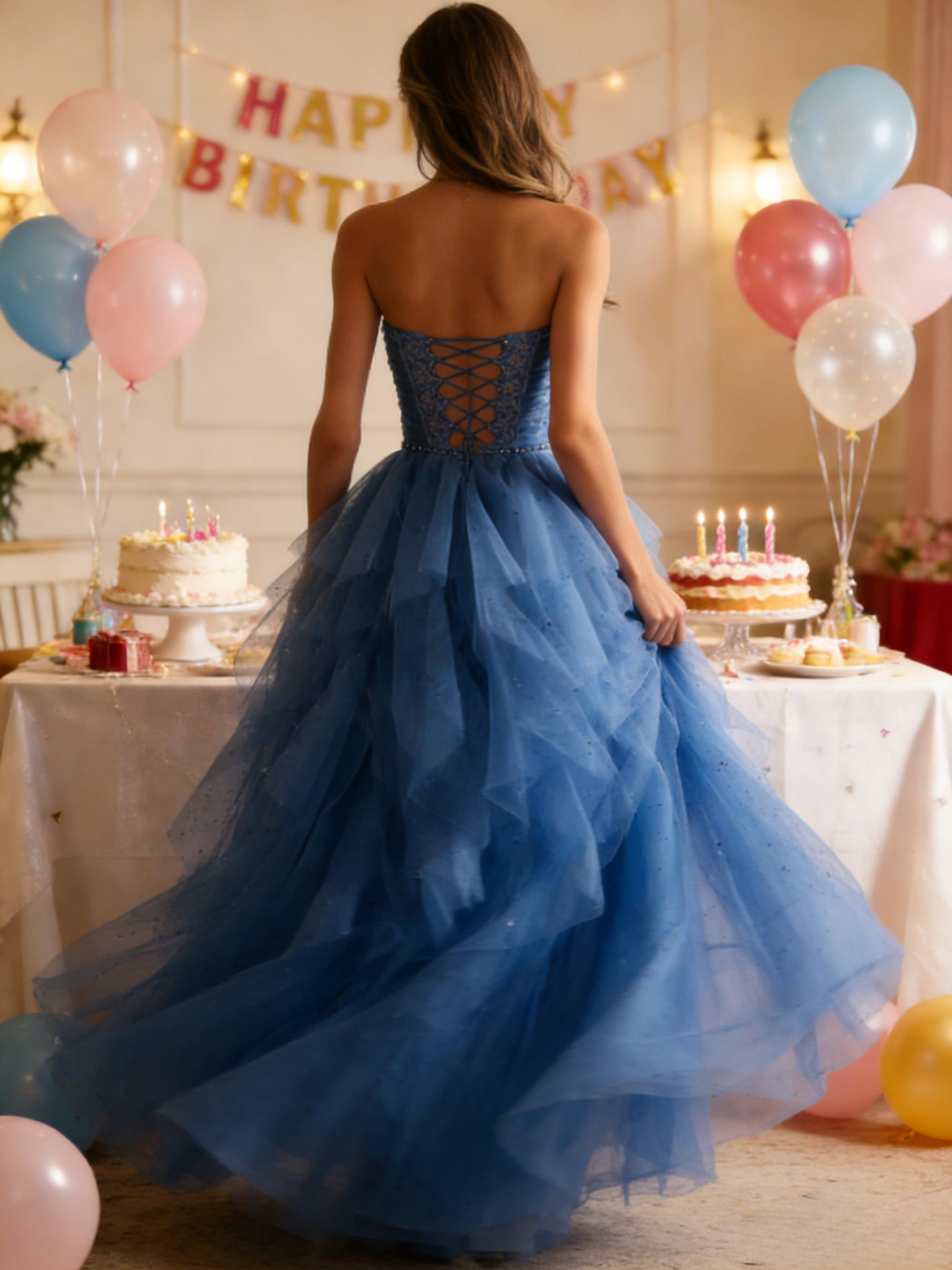 Ruffles Tiered Tulle Beading Strapless Prom Dresses