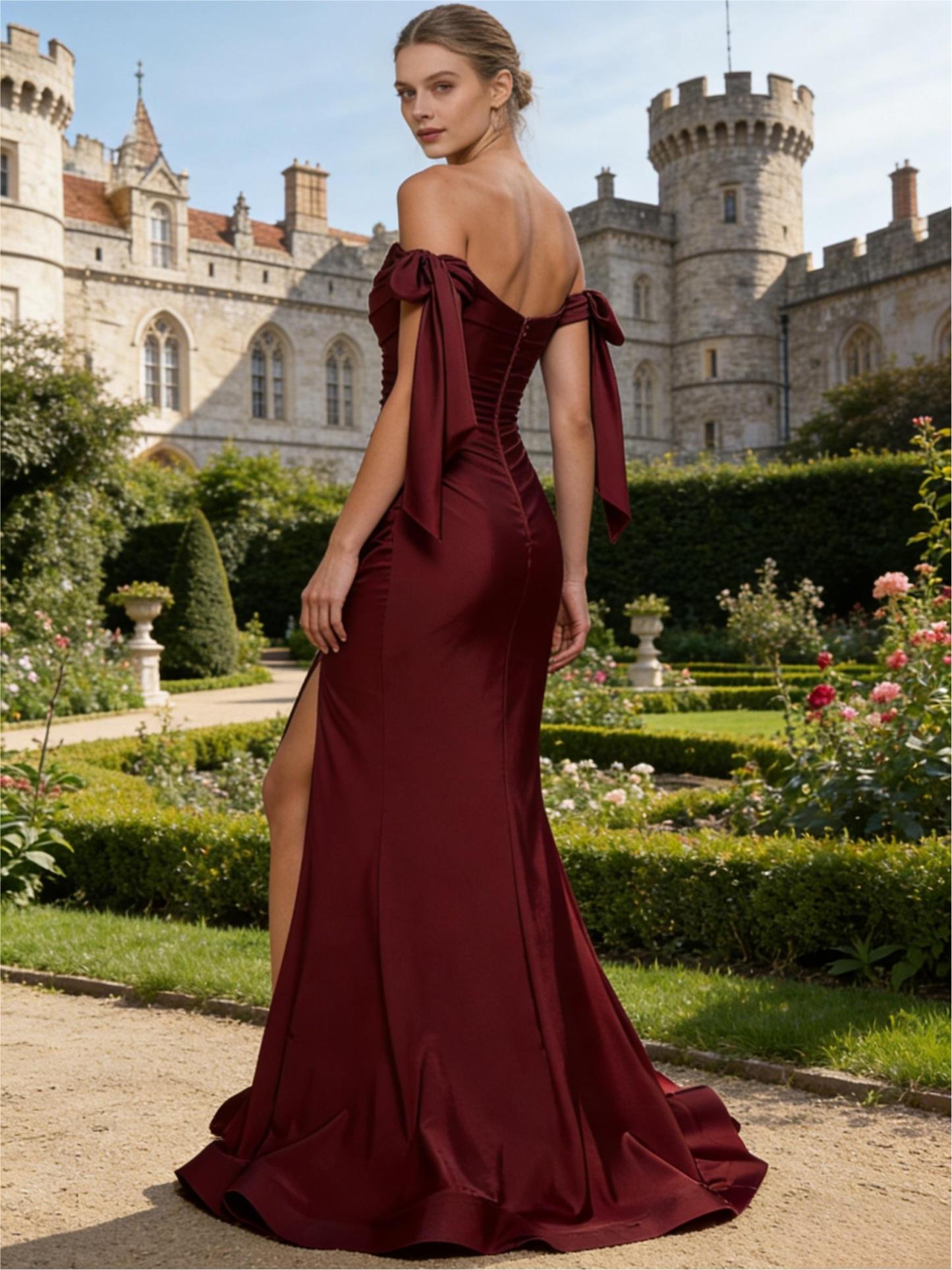 Satin Off Shoulder Ruched Prom Dresses with Bow