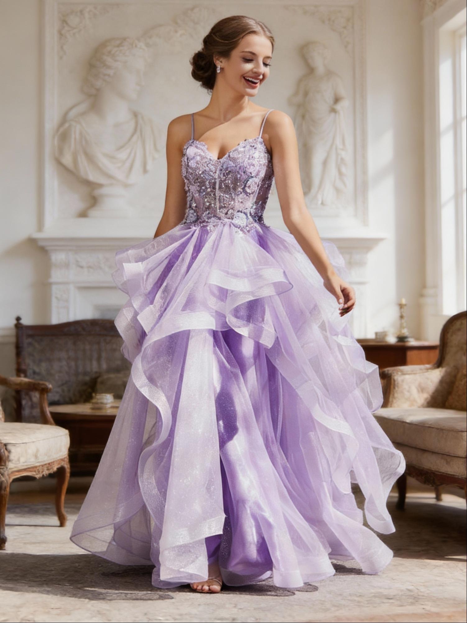 Spaghetti Strap Appliques Tulle Puffy Tiered Prom Dresses