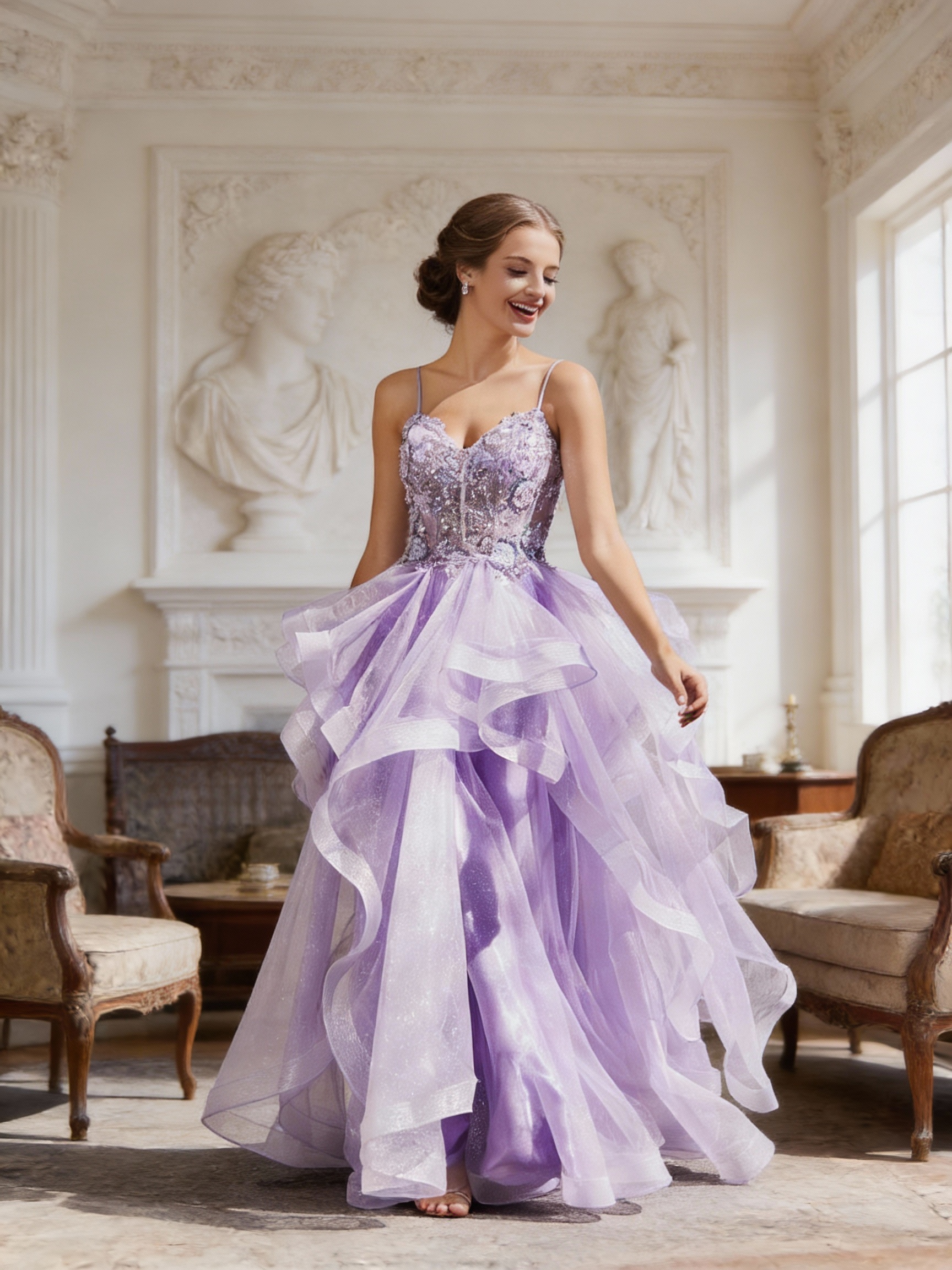 Spaghetti Strap Appliques Tulle Puffy Tiered Prom Dresses