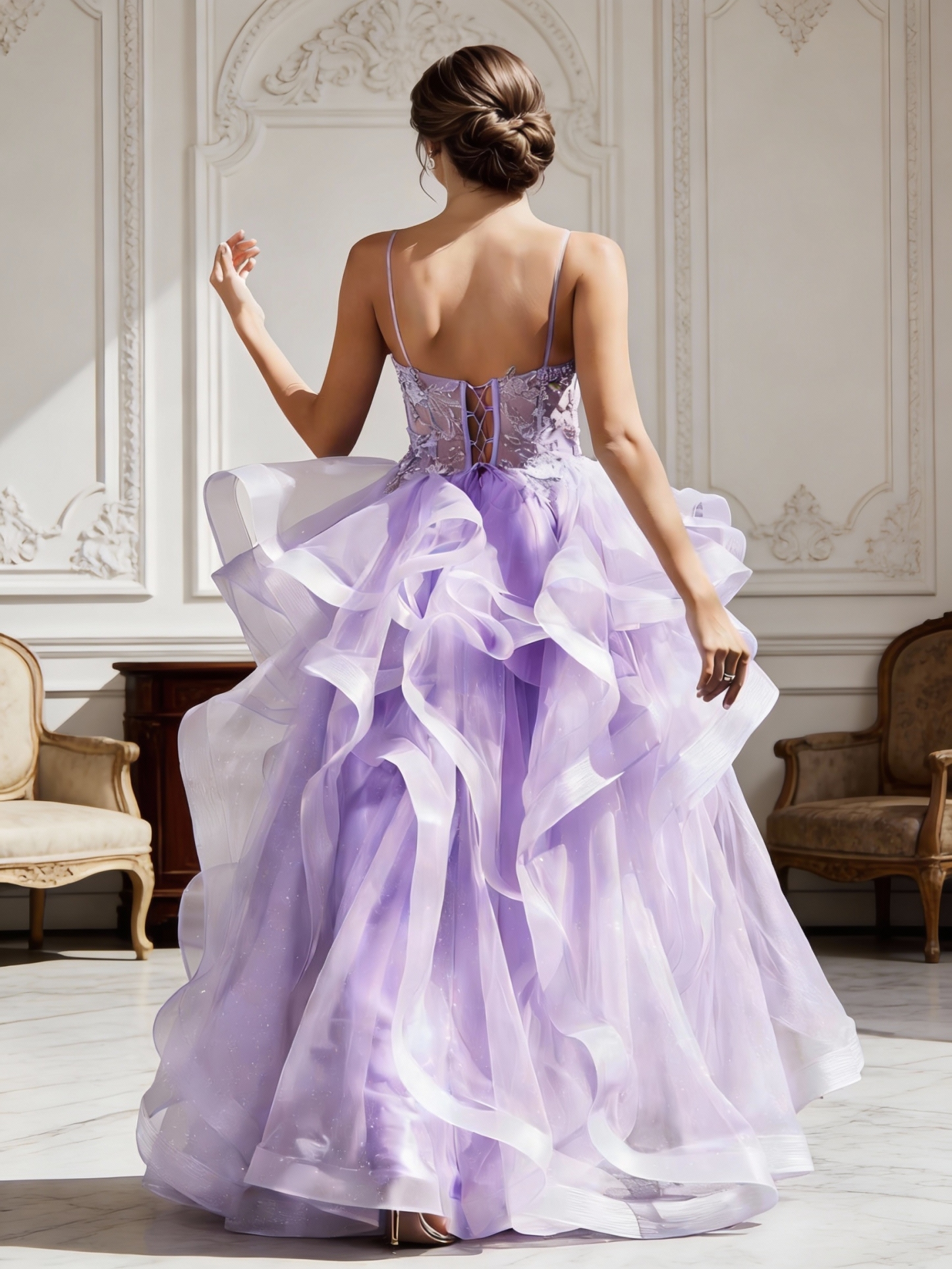 Spaghetti Strap Appliques Tulle Puffy Tiered Prom Dresses