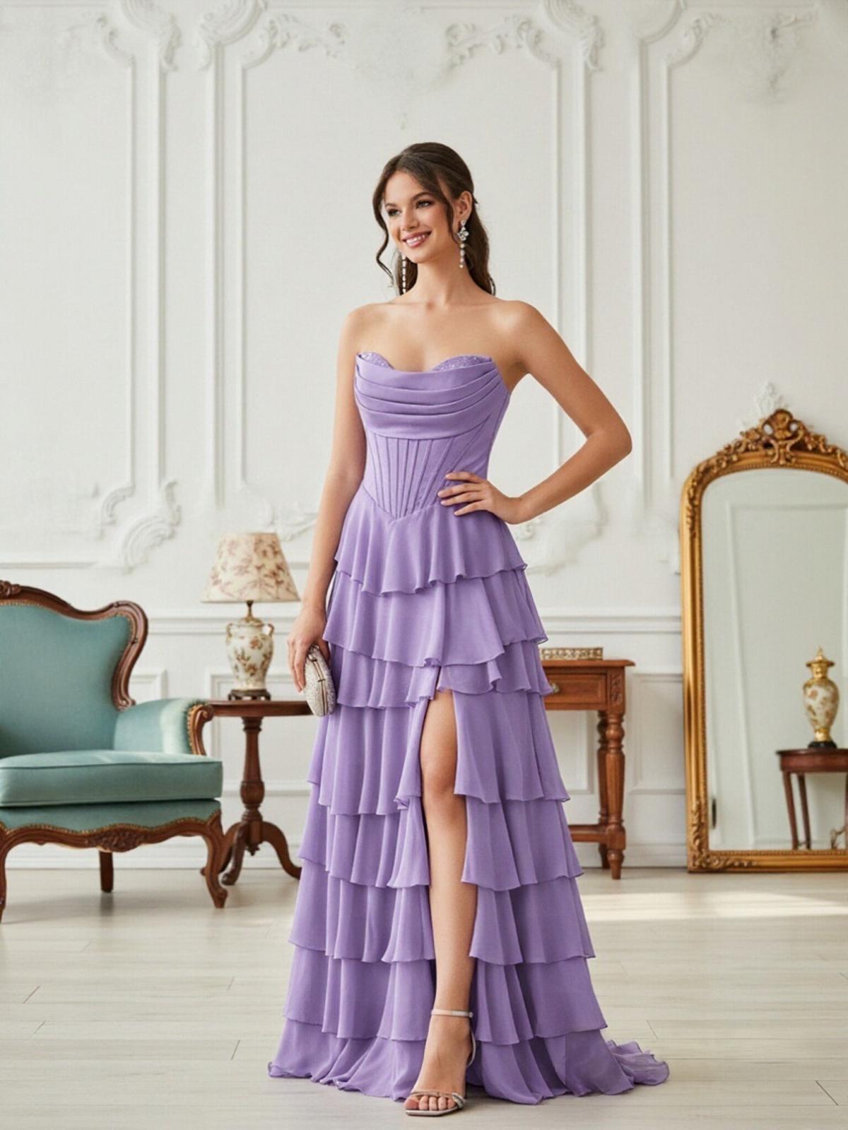 Sleeveless A Line Tiered Chiffon Prom Dresses with Slit