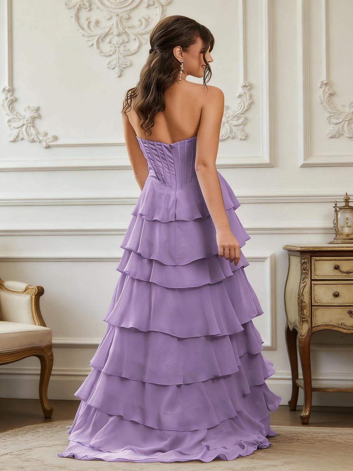 Sleeveless A Line Tiered Chiffon Prom Dresses with Slit