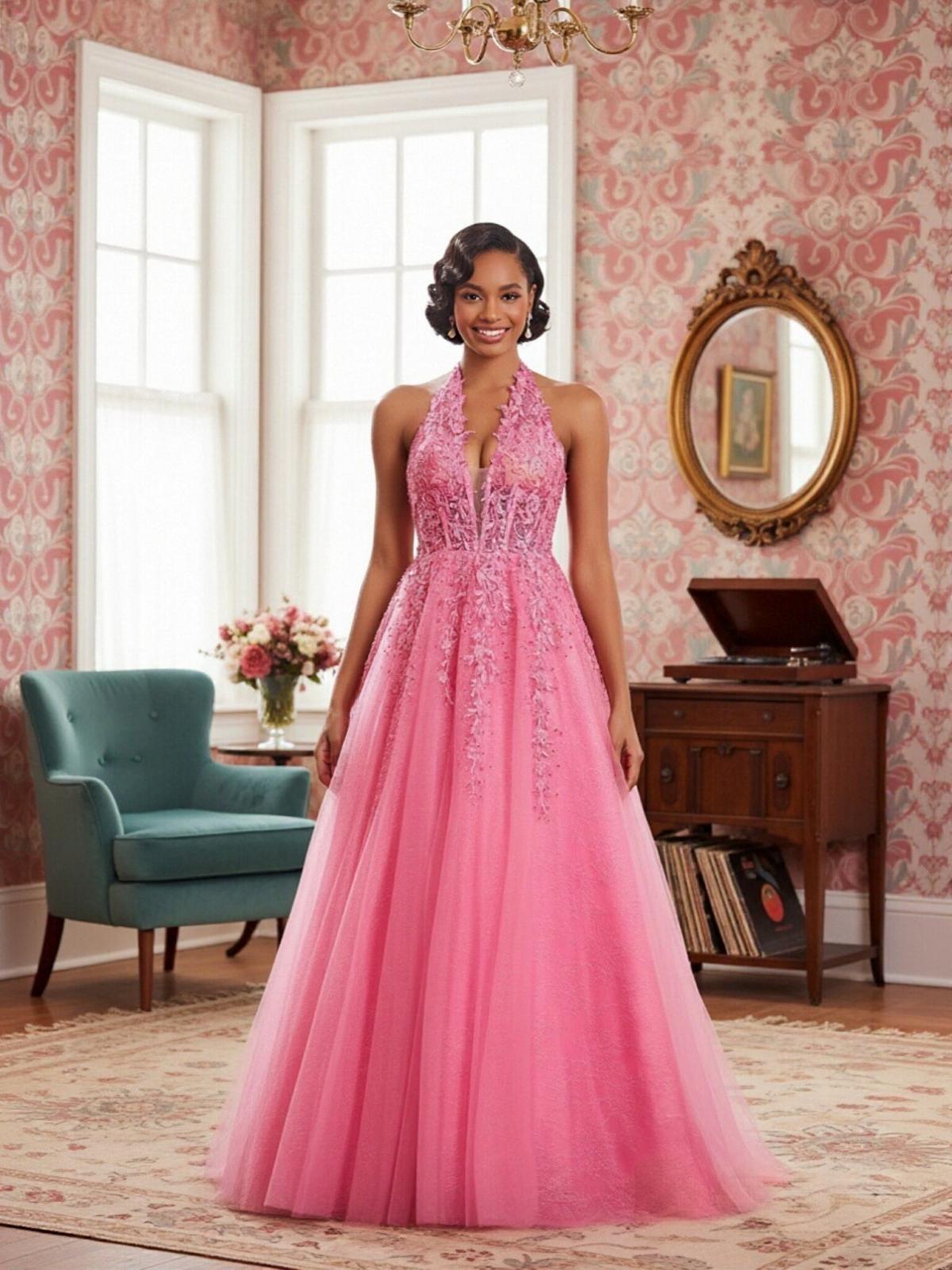 Halter Sleeveless Appliques Tulle A Line Prom Dresses