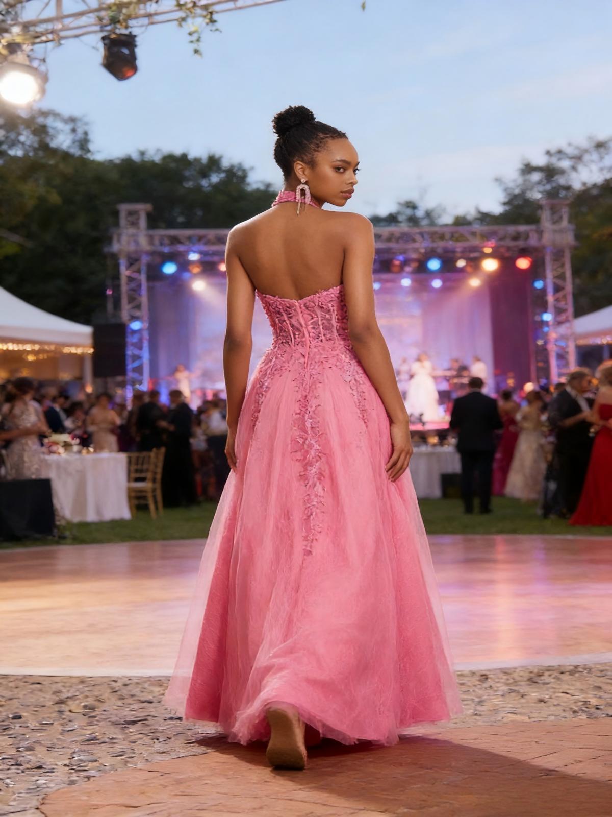 Halter Sleeveless Appliques Tulle A Line Prom Dresses