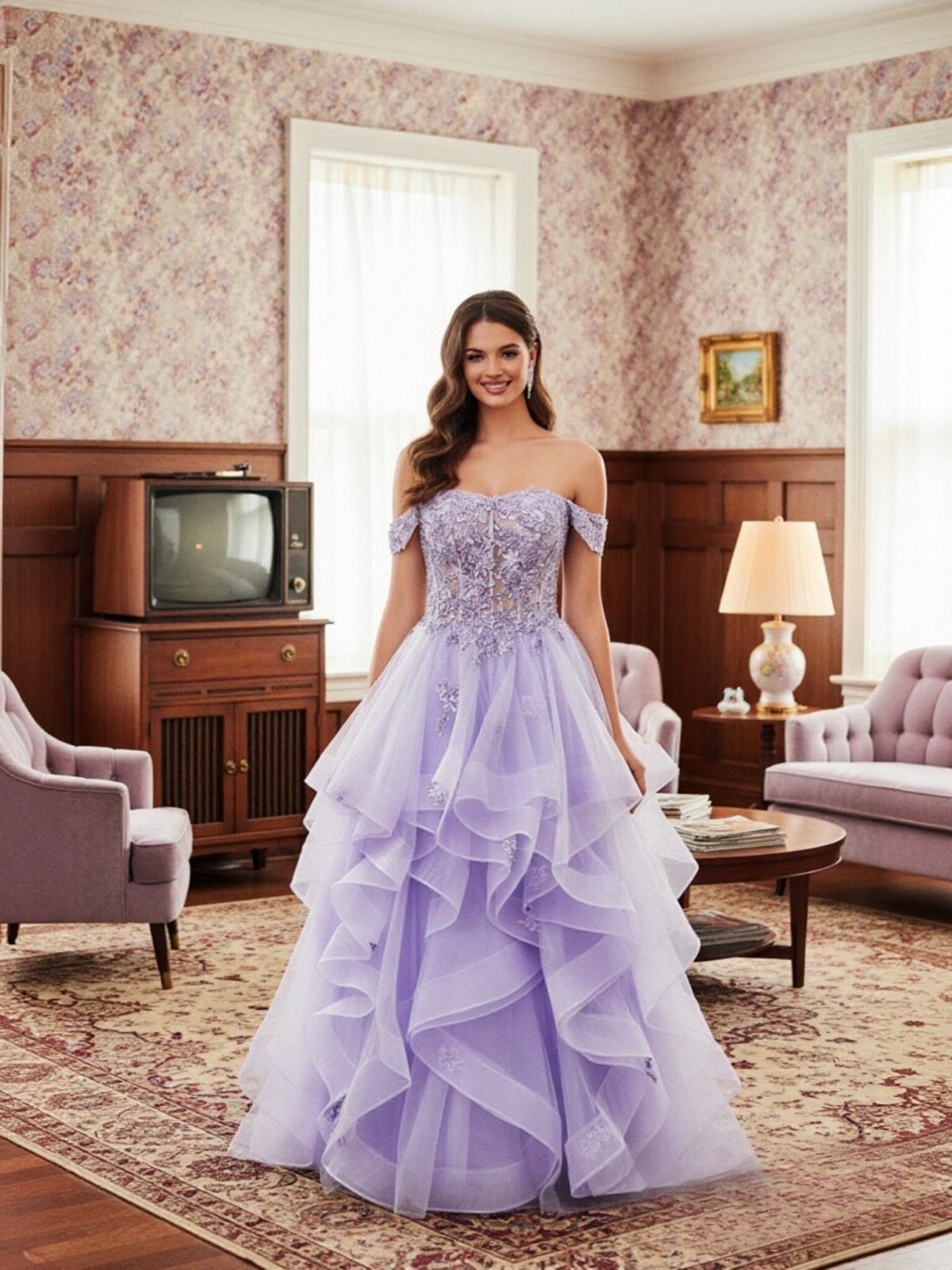 Off Shoulder Sleeveless Appliques Tulle A Line Prom Dresses