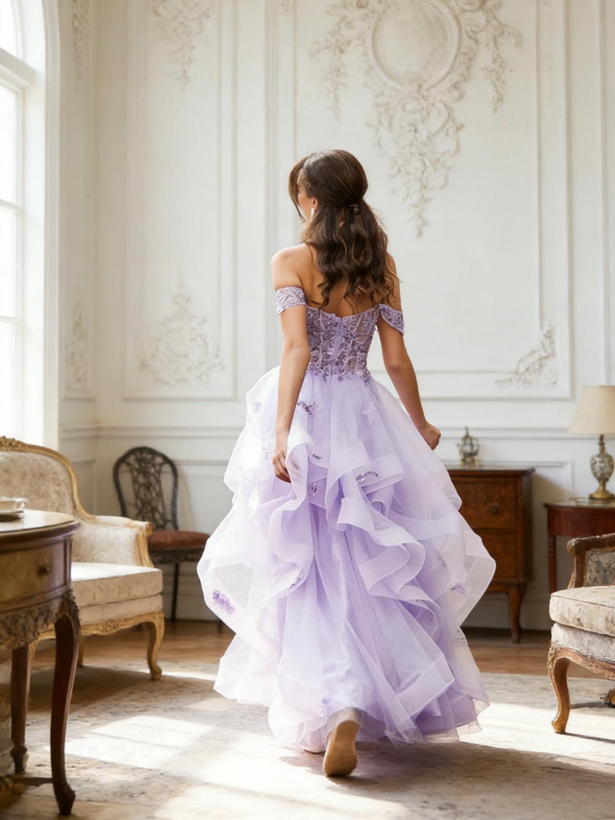 Off Shoulder Sleeveless Appliques Tulle A Line Prom Dresses