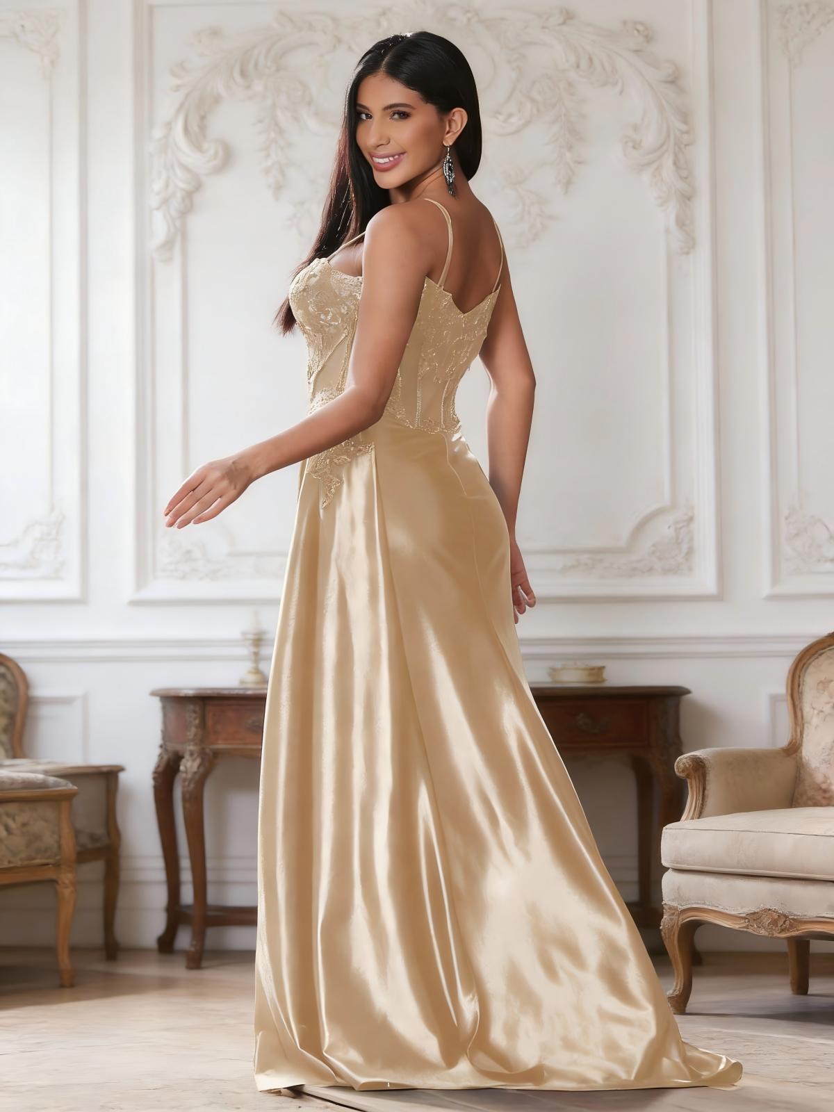 Spaghetti Straps Appliques Satin Prom Dresses with Slit