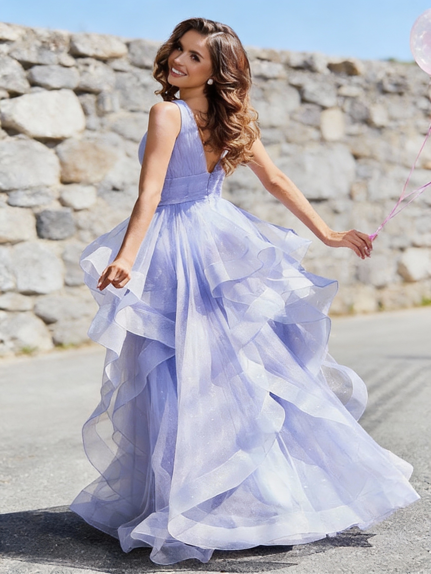Wide Straps V Neck Tiered Tulle Prom Dresses